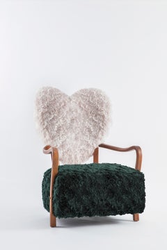 Sillón Uni Contemporáneo de Madera de Haya con Tapicería de Mohair Verde y Crema
