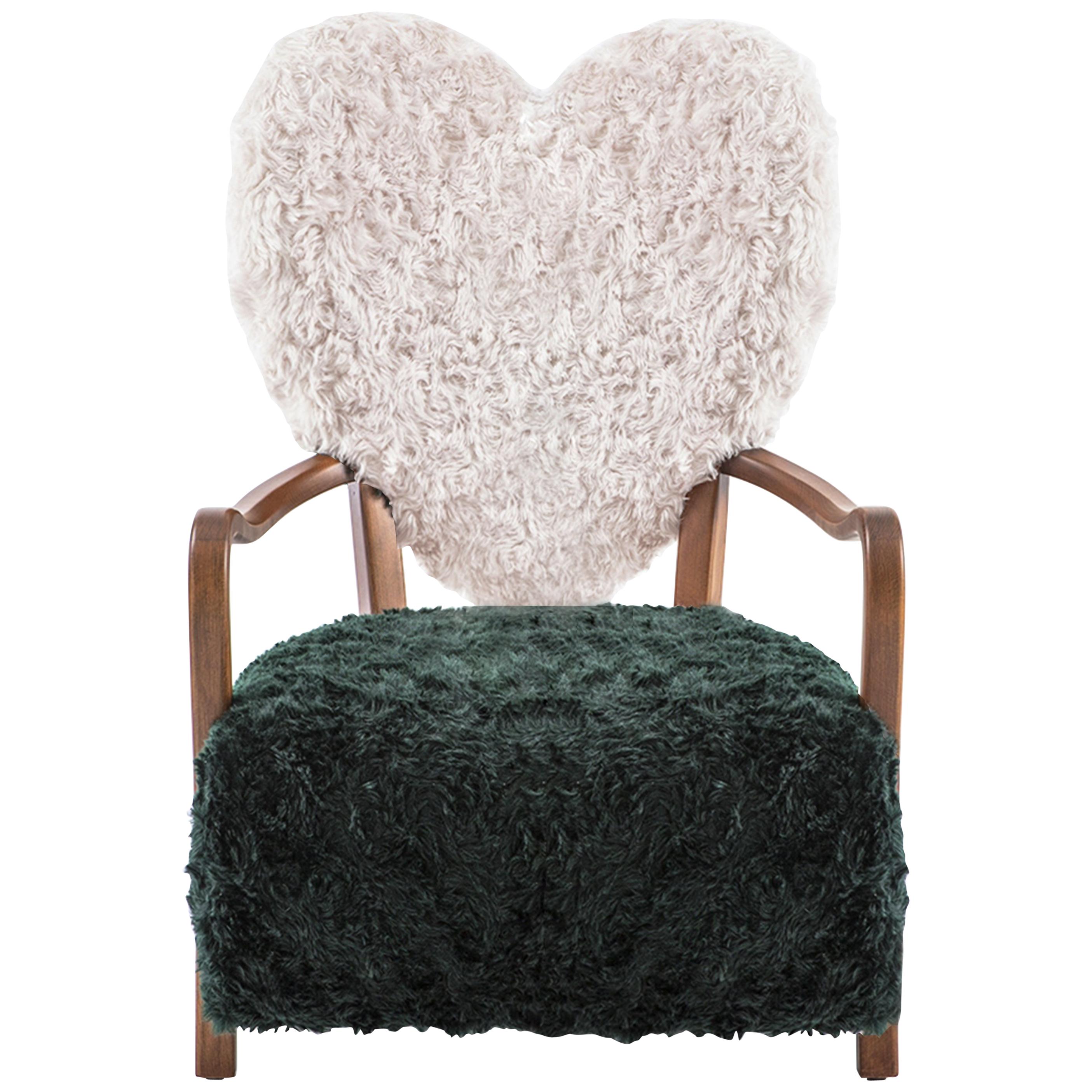 Contemporary Beechwood Uni Armchair with Green and Cream Mohair Upholstery