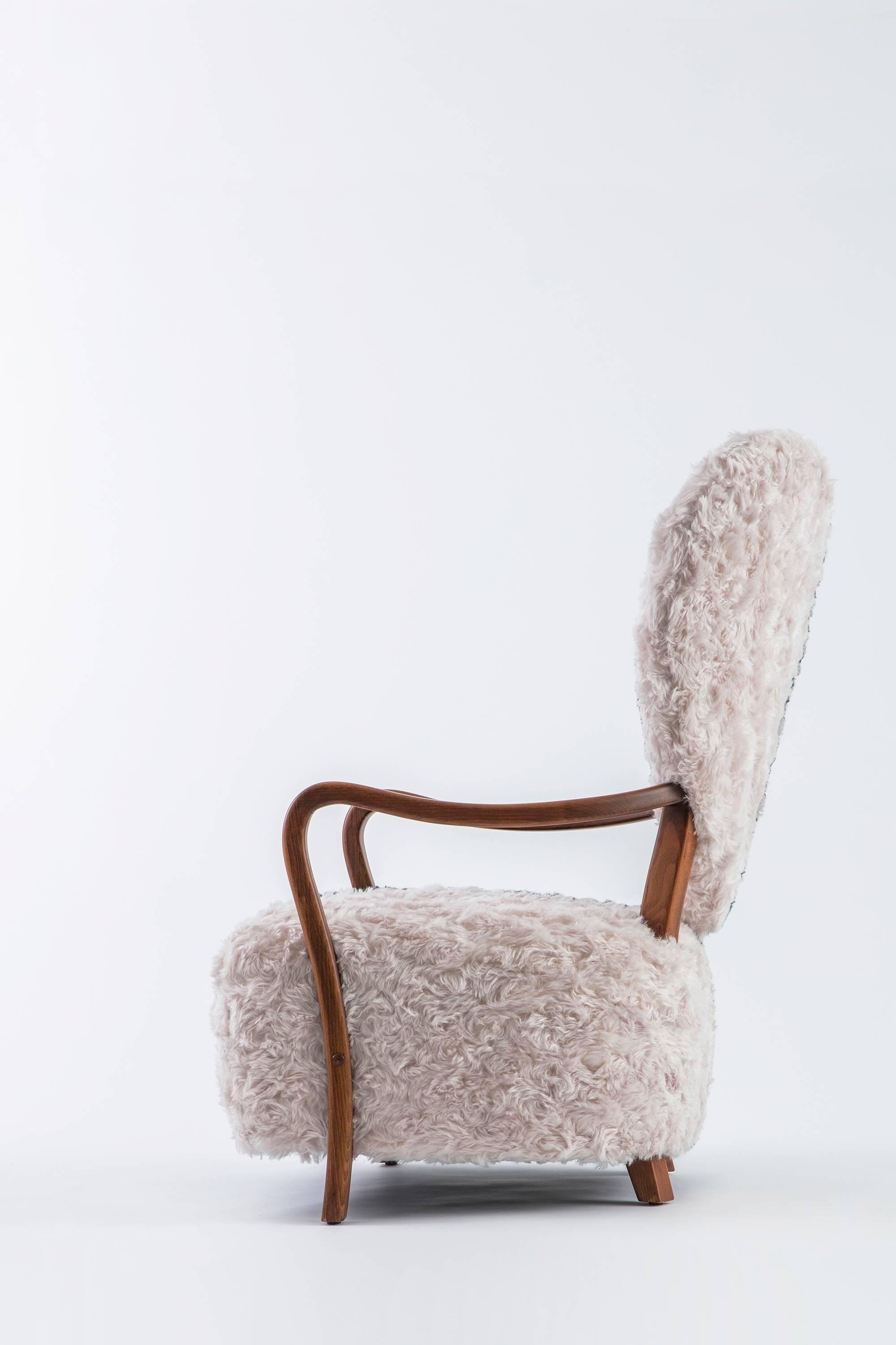 Arts and Crafts Contemporary Beechwood Uni Armchair with Heart Shaped Back and Mohair Upholstery For Sale