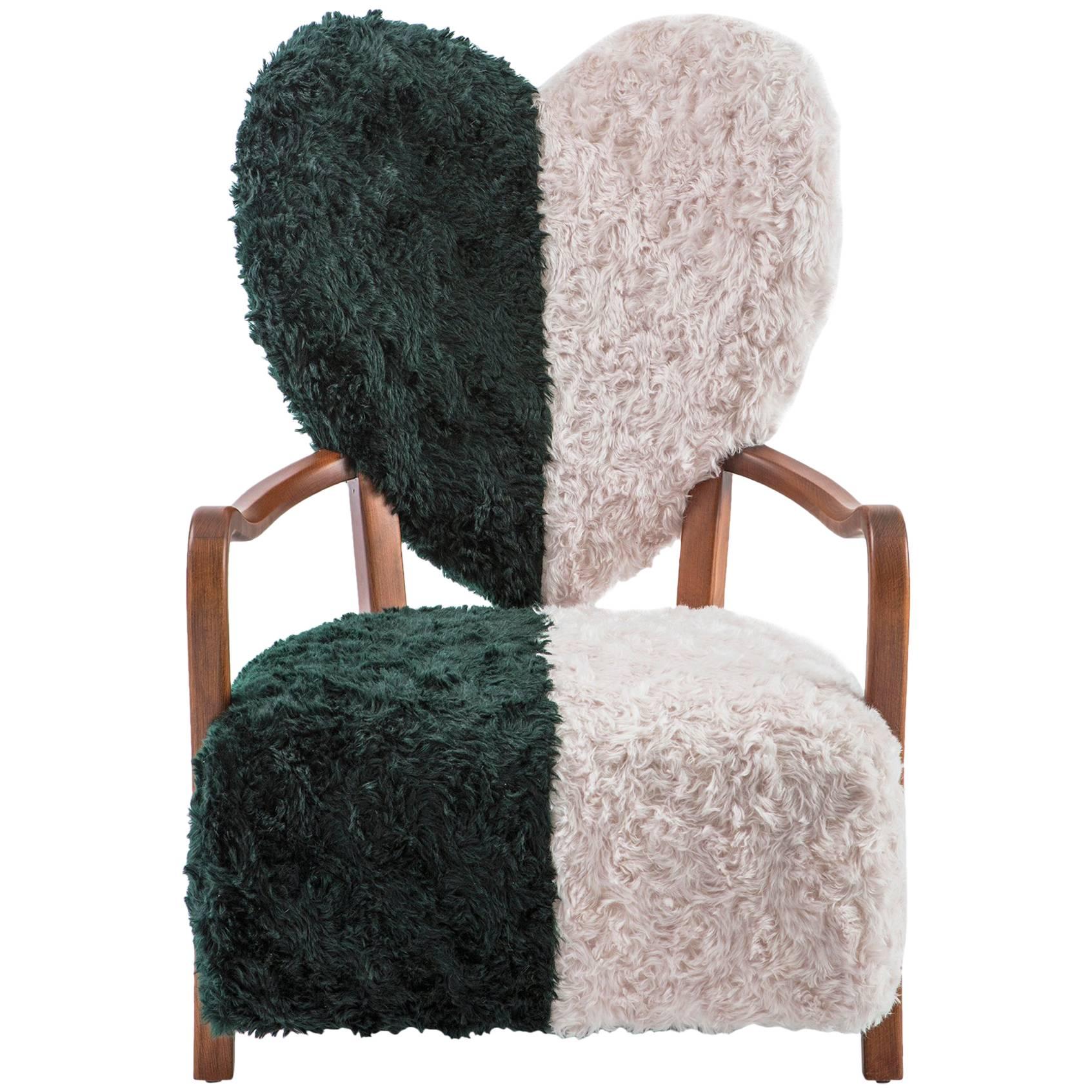 Contemporary Beechwood Uni Armchair with Heart Shaped Back and Mohair Upholstery For Sale