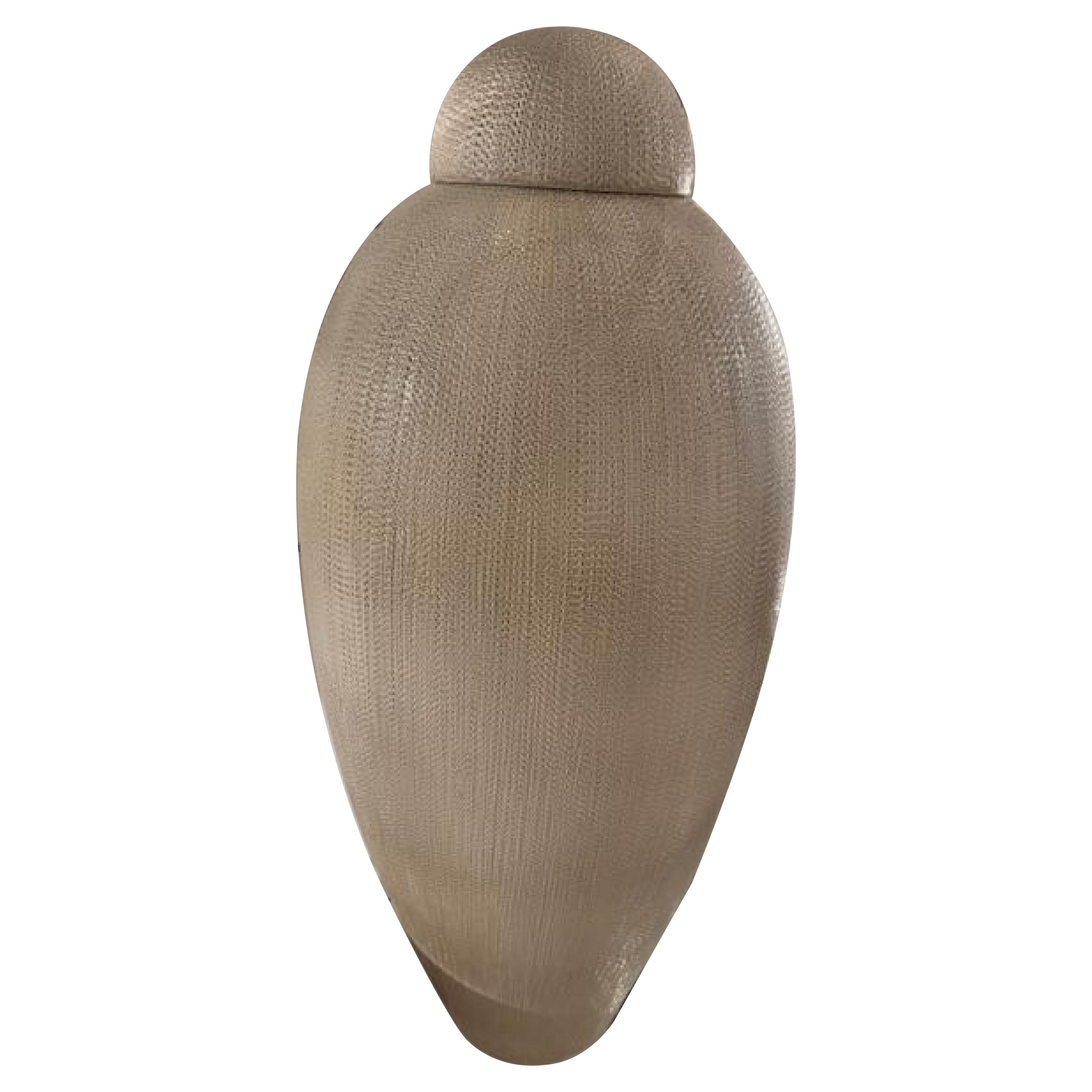 Contemporary beige faux woven fabric ceramic tall vase with cover For Sale