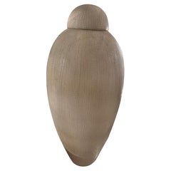 Contemporary beige faux woven fabric ceramic tall vase with cover