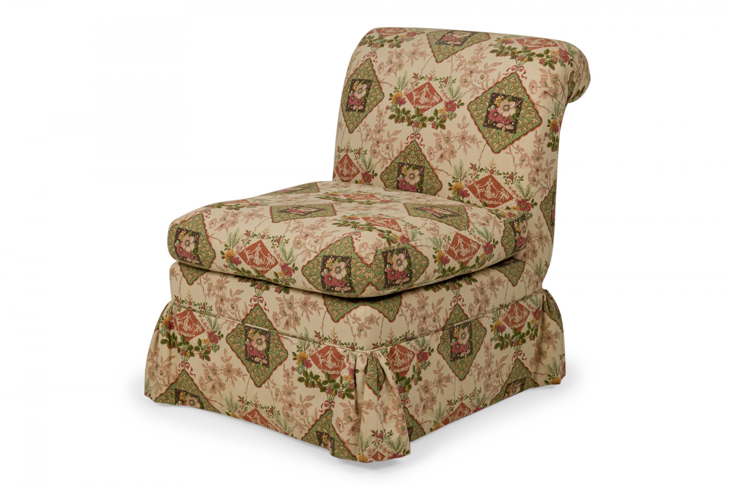 Contemporary slipper chair with beige, green and pink upholstery and skirt featuring floral patterns and figural silhouettes.

Condition: Good; Wear consistent with age and use