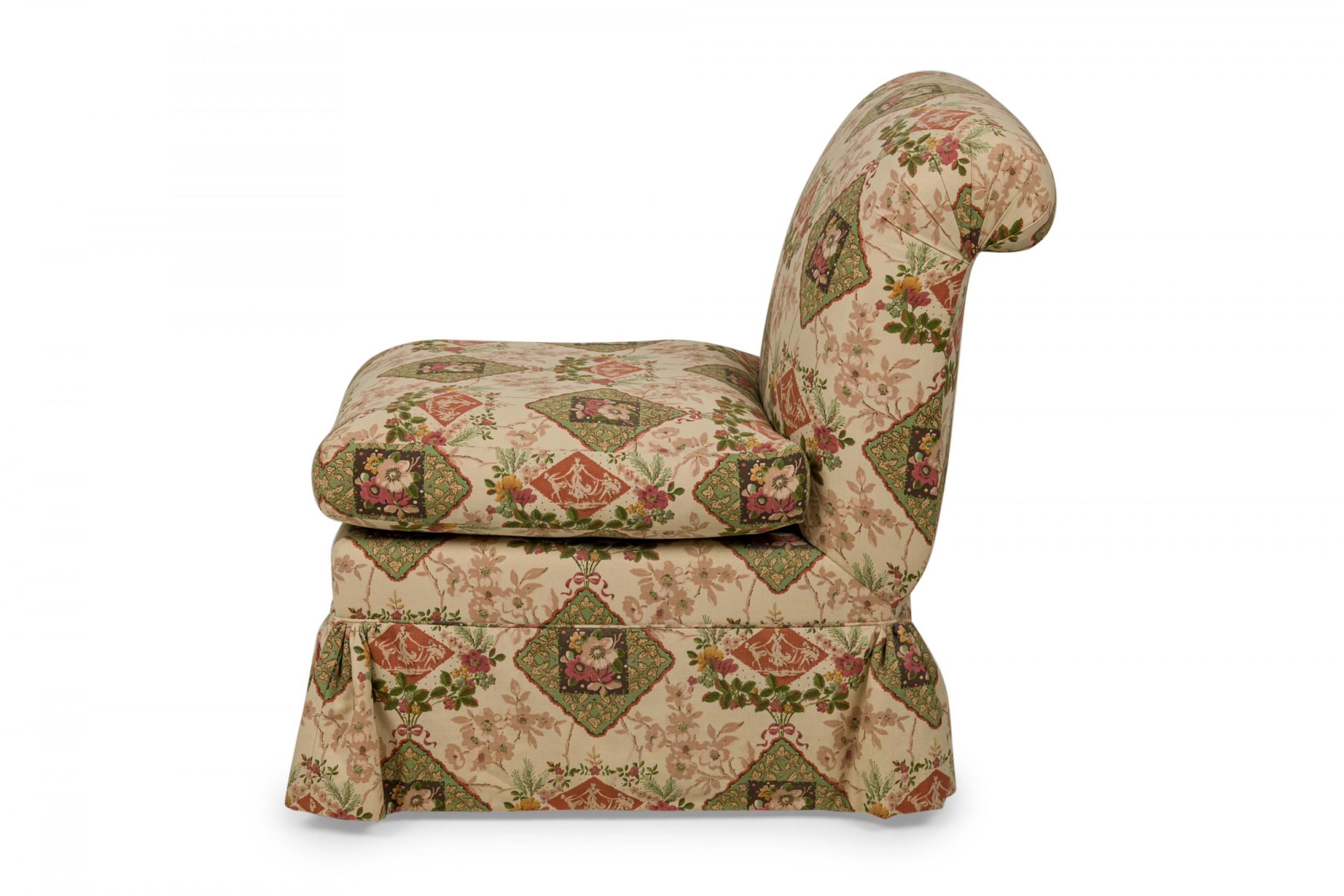 Modern Contemporary Beige Floral and Genre Scene Patterned Upholstered Slipper Chair For Sale
