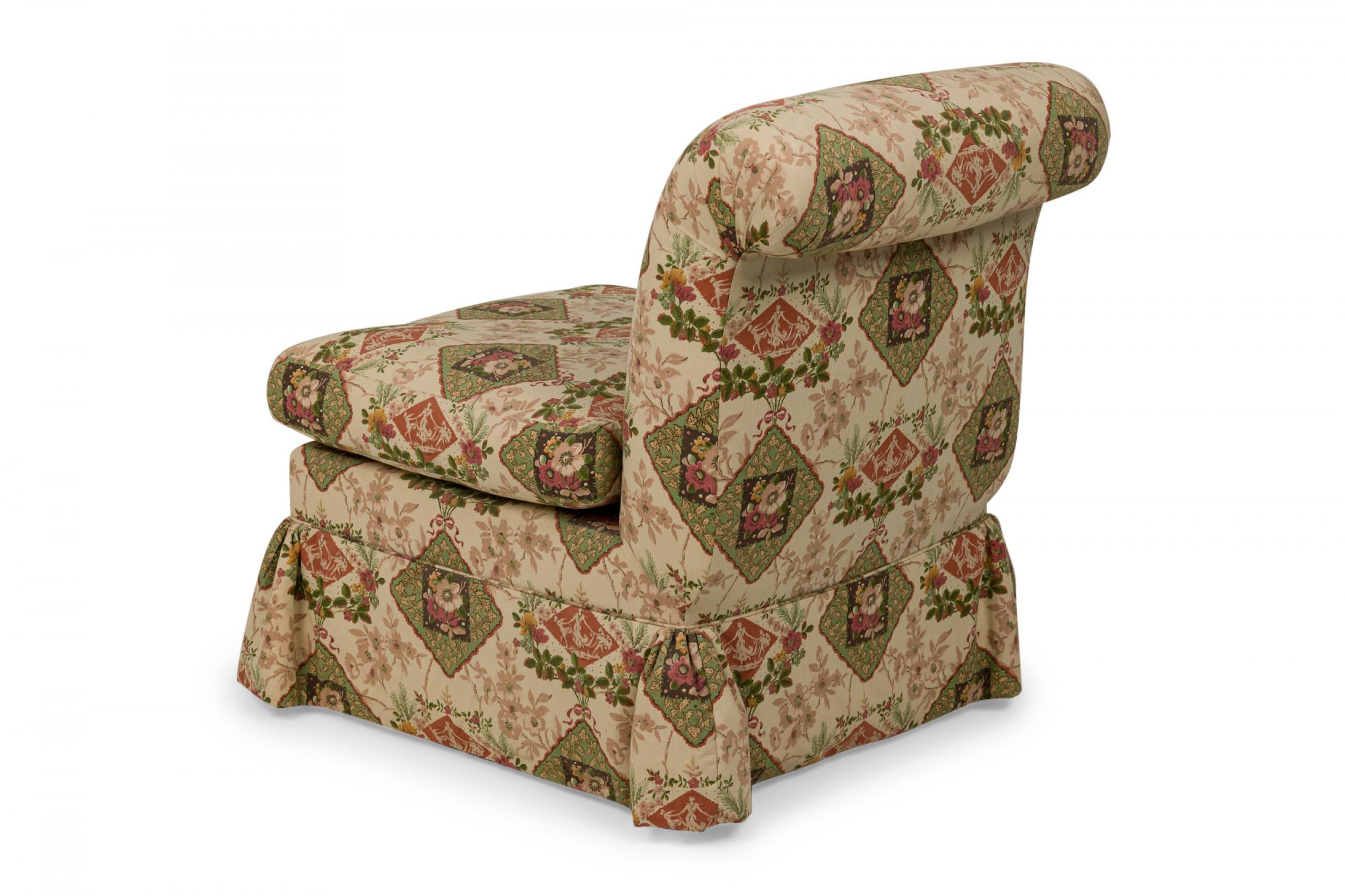 Unknown Contemporary Beige Floral and Genre Scene Patterned Upholstered Slipper Chair For Sale