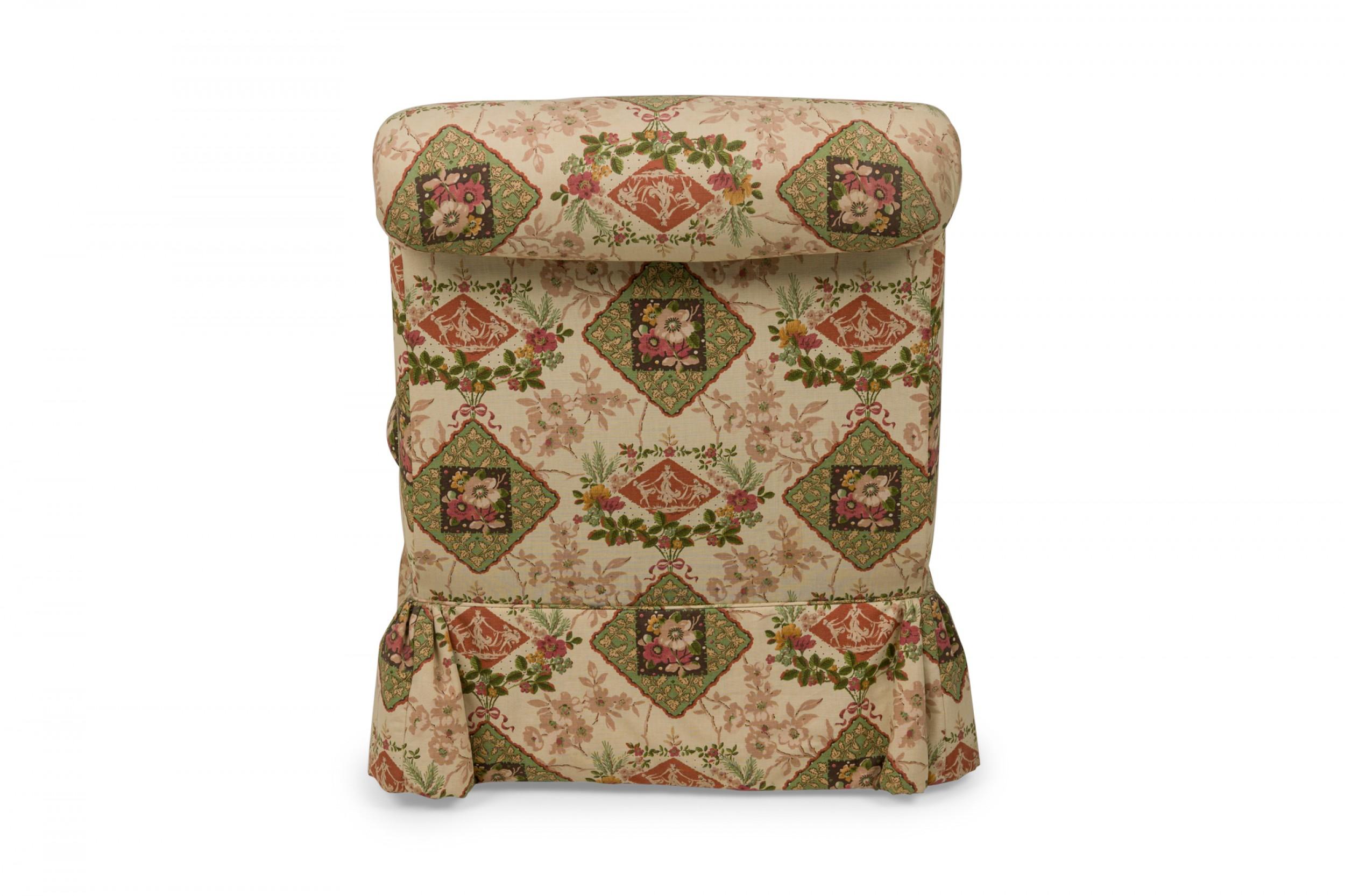 Hand-Crafted Contemporary Beige Floral and Genre Scene Patterned Upholstered Slipper Chair For Sale