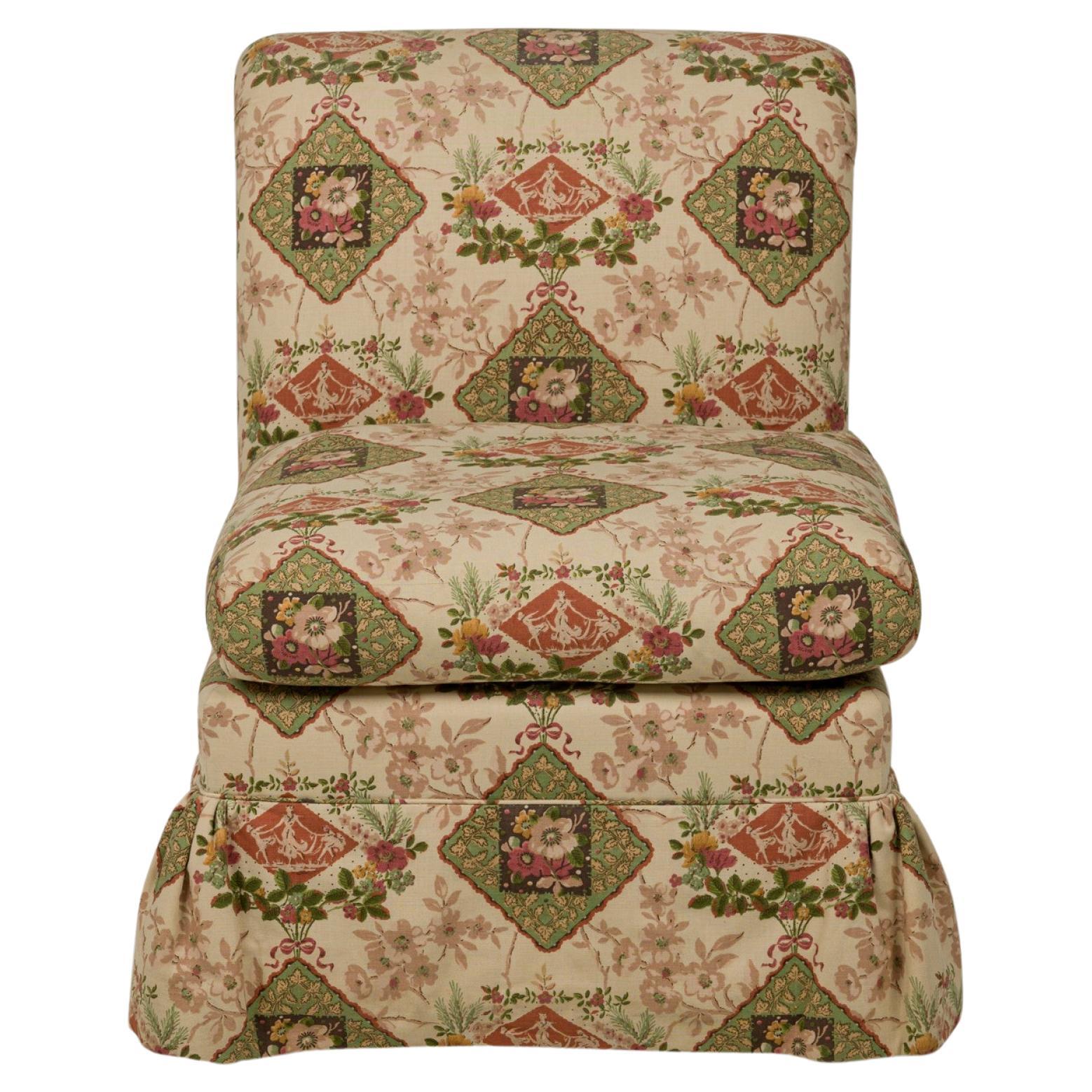 Contemporary Beige Floral and Genre Scene Patterned Upholstered Slipper Chair