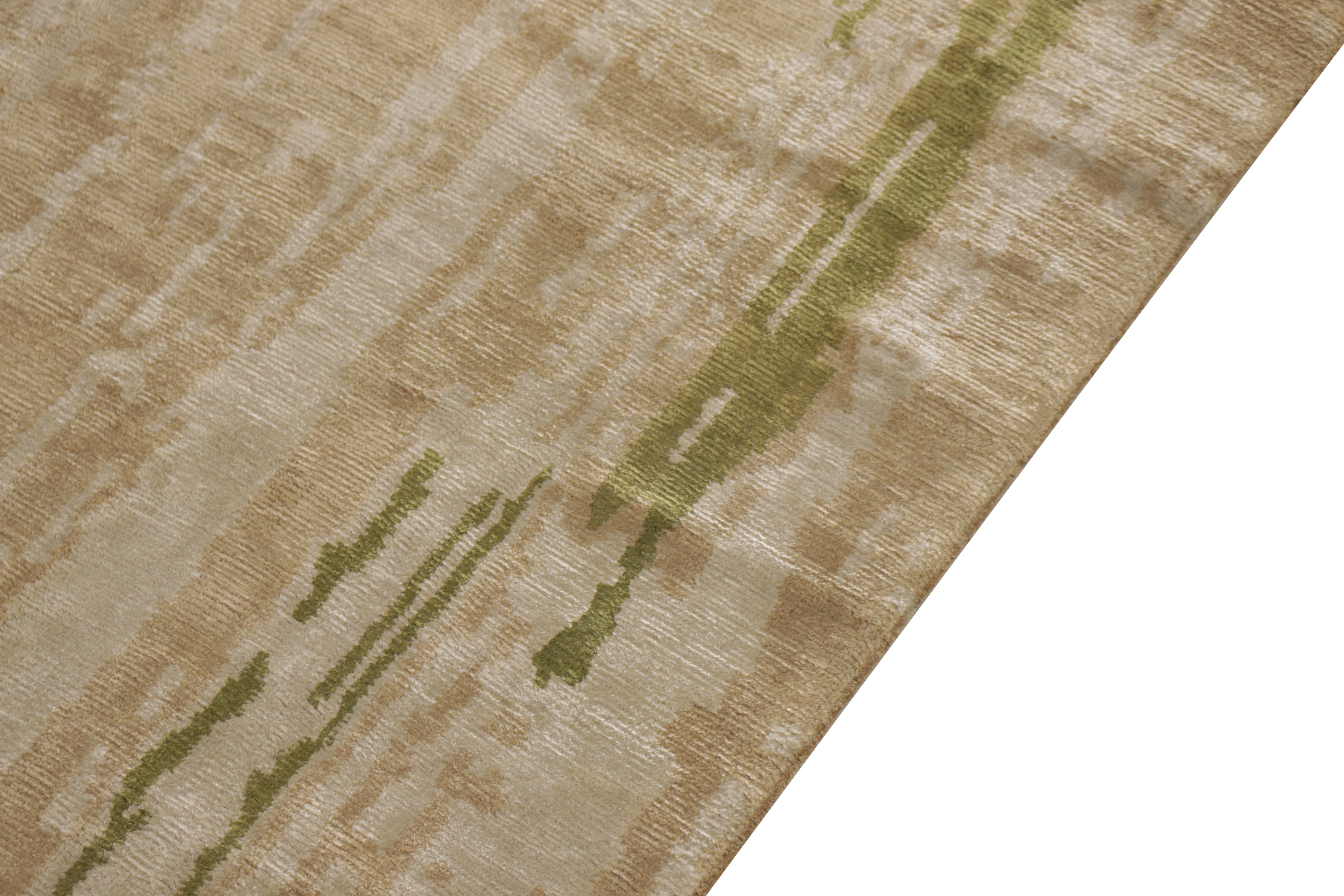Modern Rug & Kilim's Contemporary Beige Green Runner Geometric Floral Silk Rug