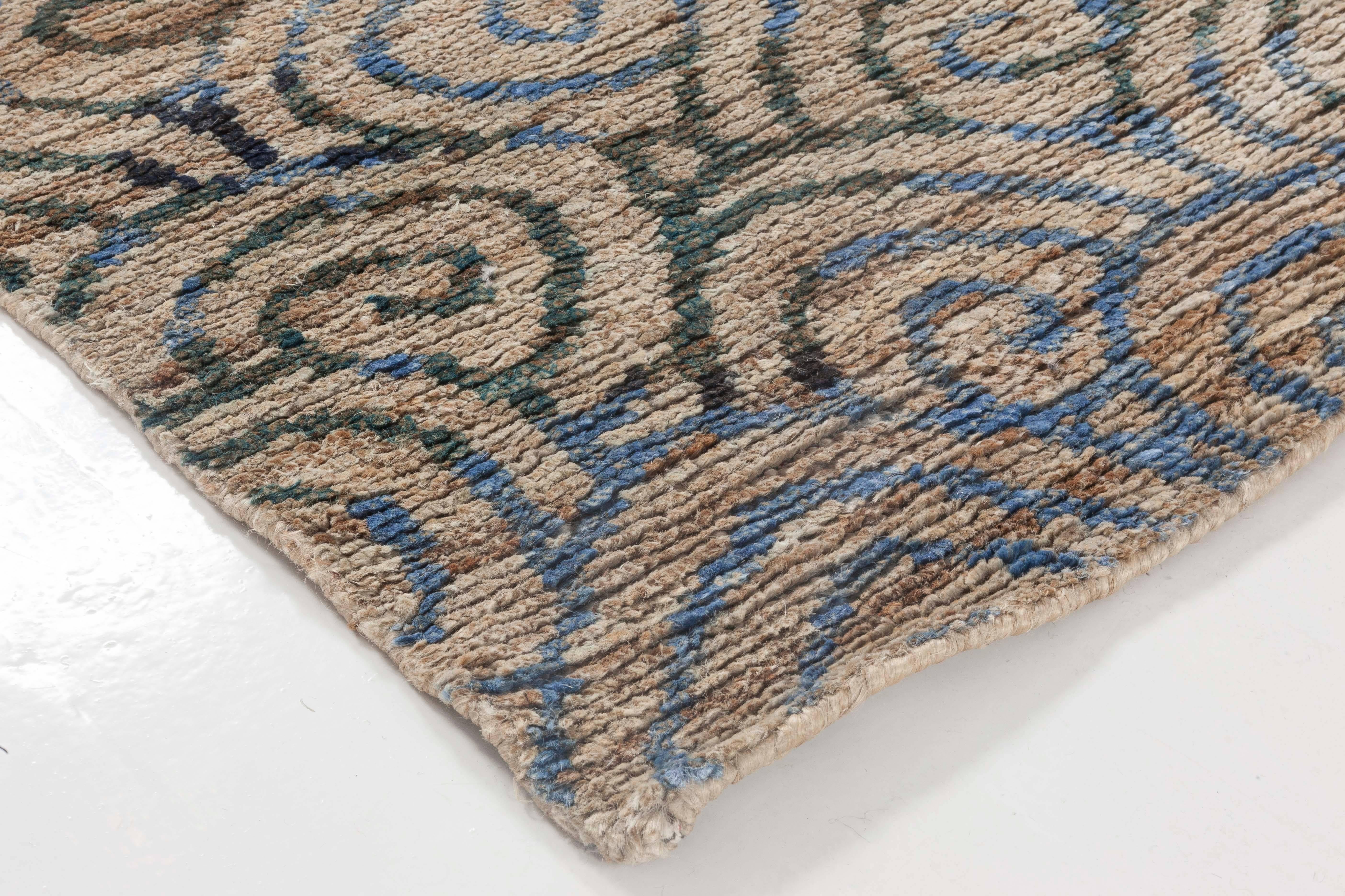 Hand-Knotted Contemporary Beige, Grey and Sky Blue Hand Knotted Hemp Rug by Doris Leslie Blau For Sale