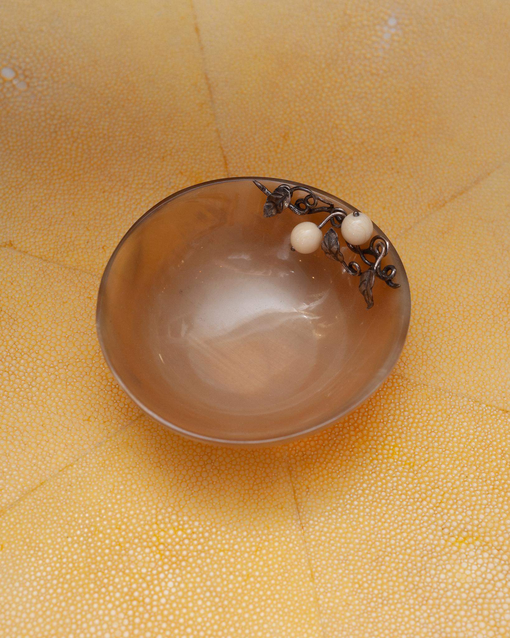 Portuguese Contemporary Beige Horn Bowls with Sterling Silver Leaves and Berries