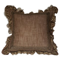 Contemporary Beige Linen Pillow with Metallic Gold Lace Trim