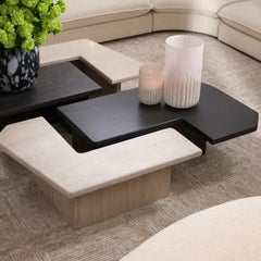 Contemporary Beige Marble and Charcoal Oak Veneer Coffee Table