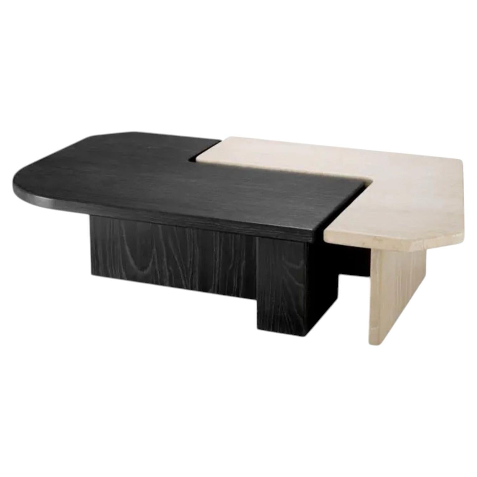 Contemporary Beige Marble and Charcoal Oak Veneer Coffee Table