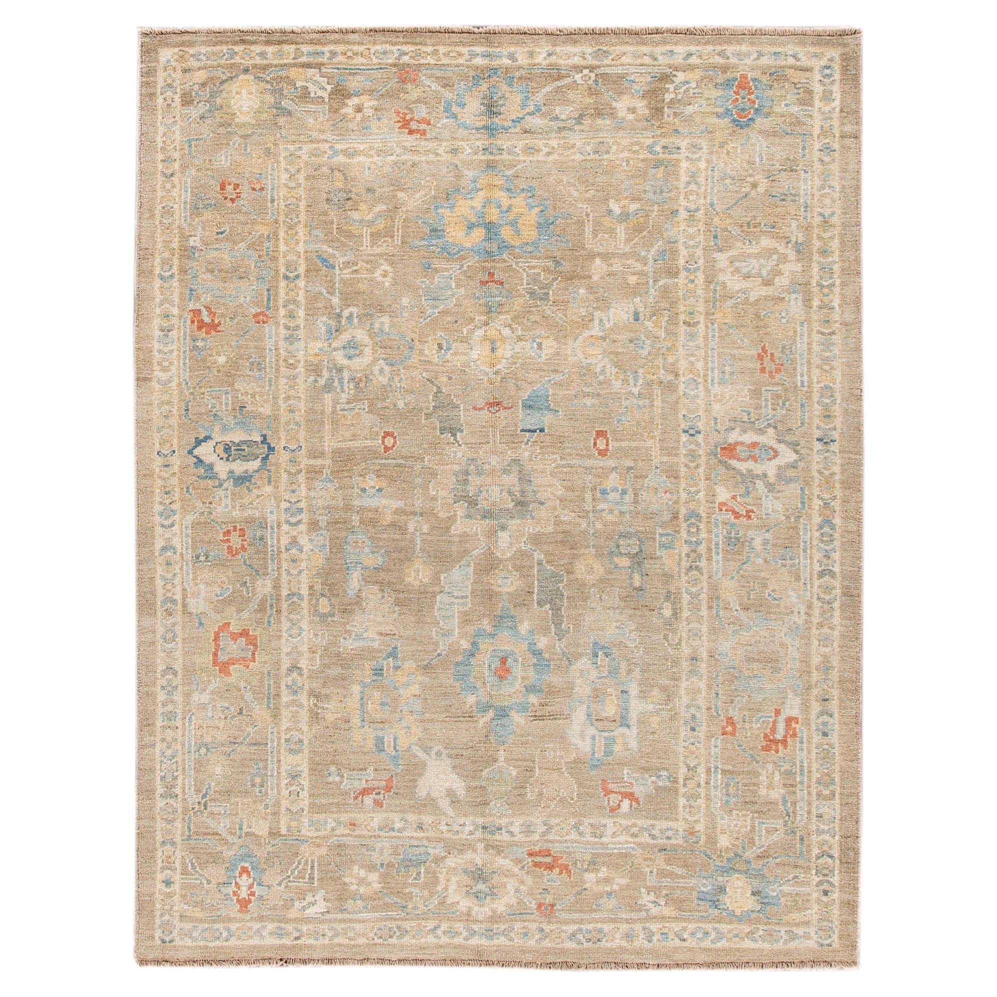 Contemporary Beige Sultanabad Handmade Floral Wool Rug For Sale