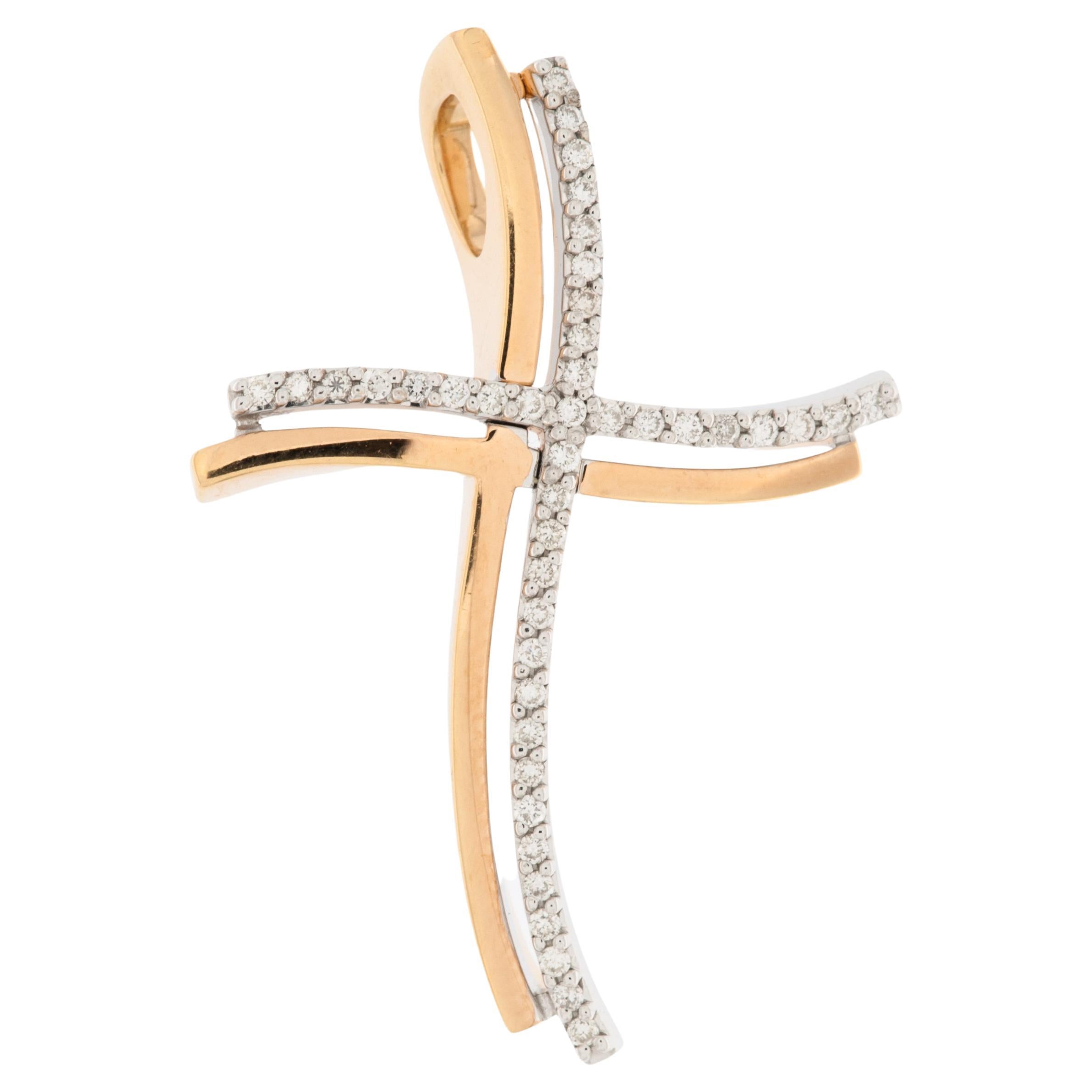 Contemporary Belgian 18kt Yellow and White Gold Cross with Diamonds For Sale