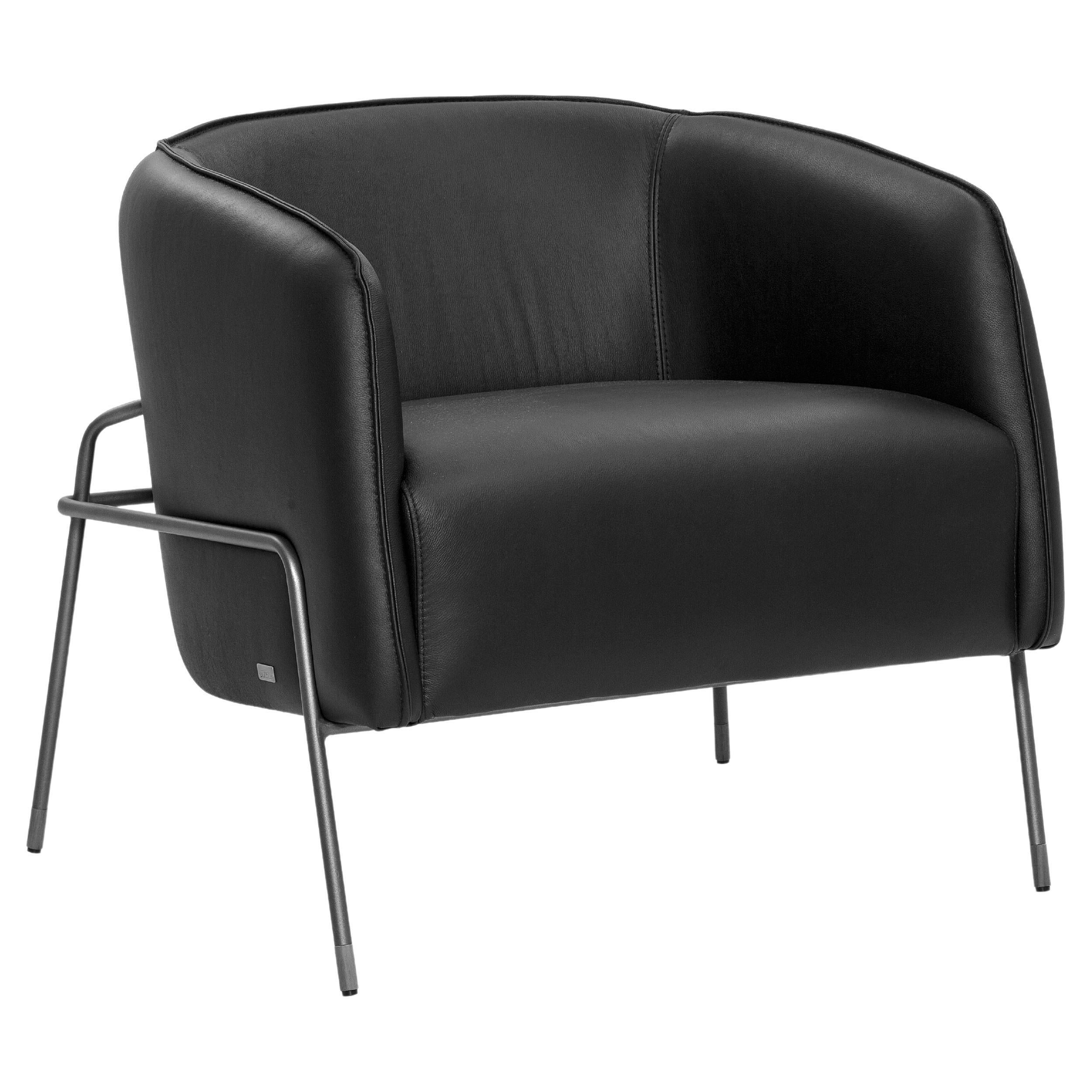 Contemporary Black Leather Armchair with Graphite Metal Frame - Bella Collection