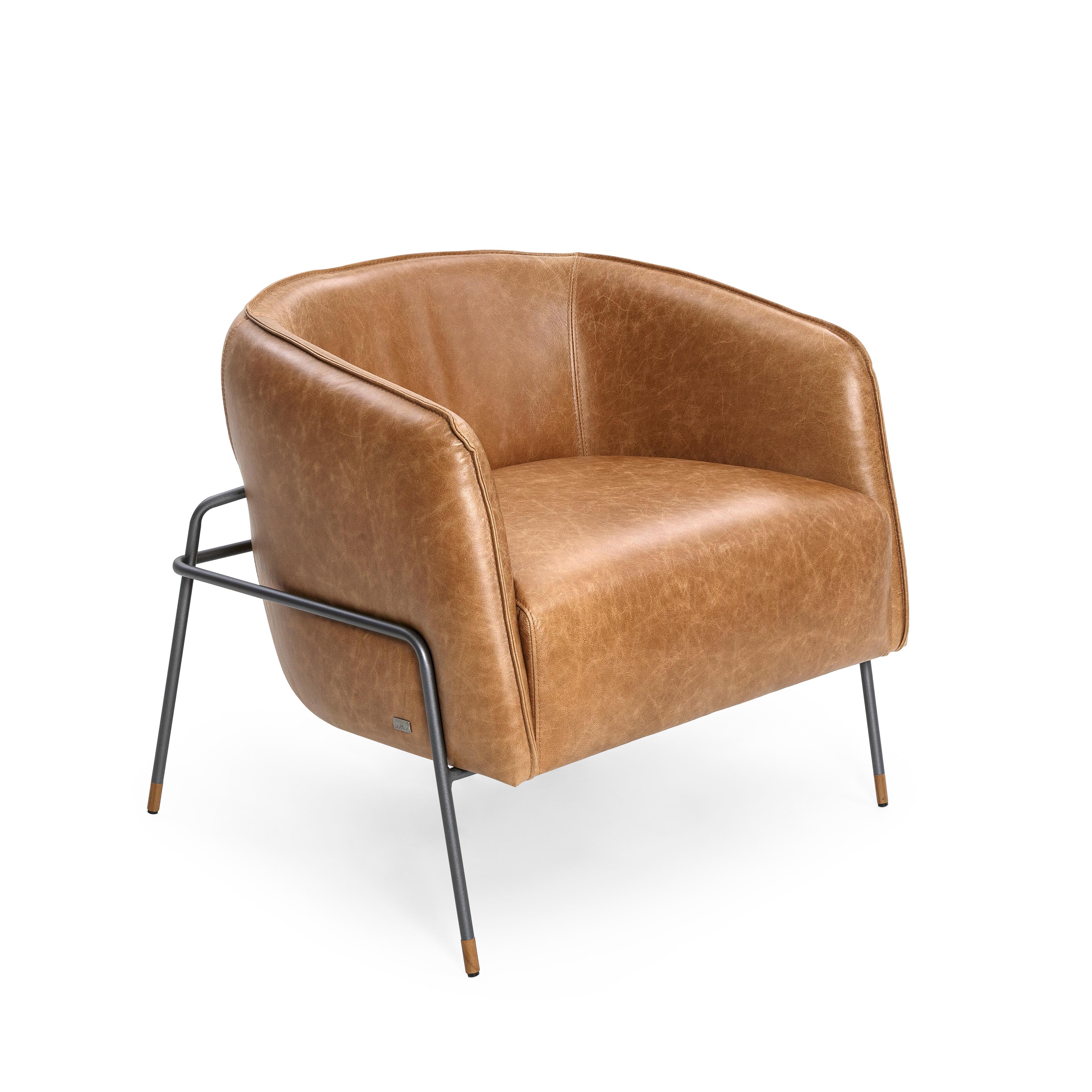 Brazilian Contemporary Bella Armchair Featuring Metal Frame and Texas Brown Leather For Sale