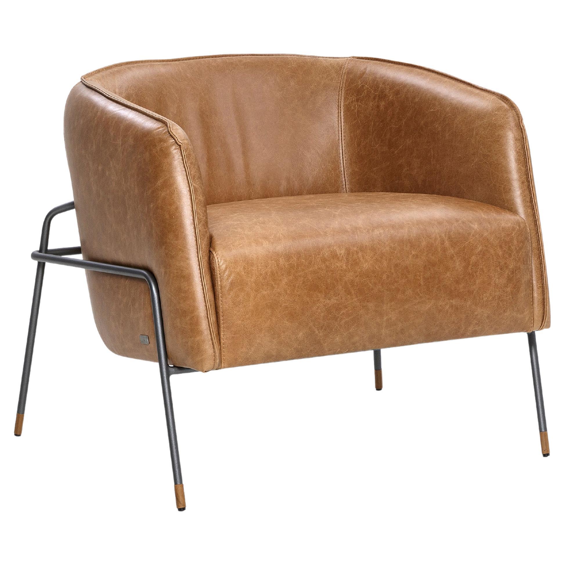 Armchair in Distressed Caramel Leather and Graphite Metal Frame - Bella Line