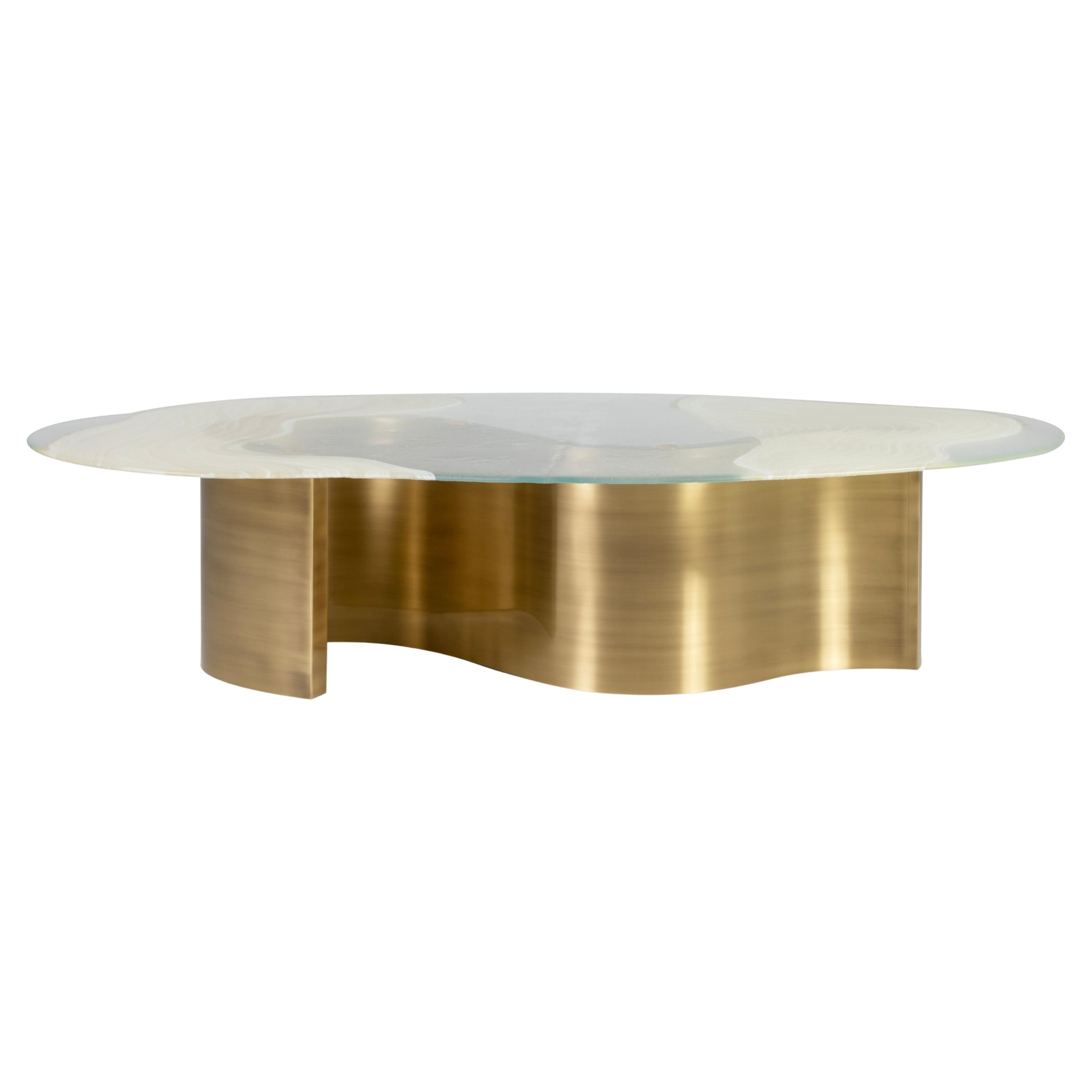 Contemporary Benagil Coffee Table, Brass, Ambar Glass, Handmade by Greenapple