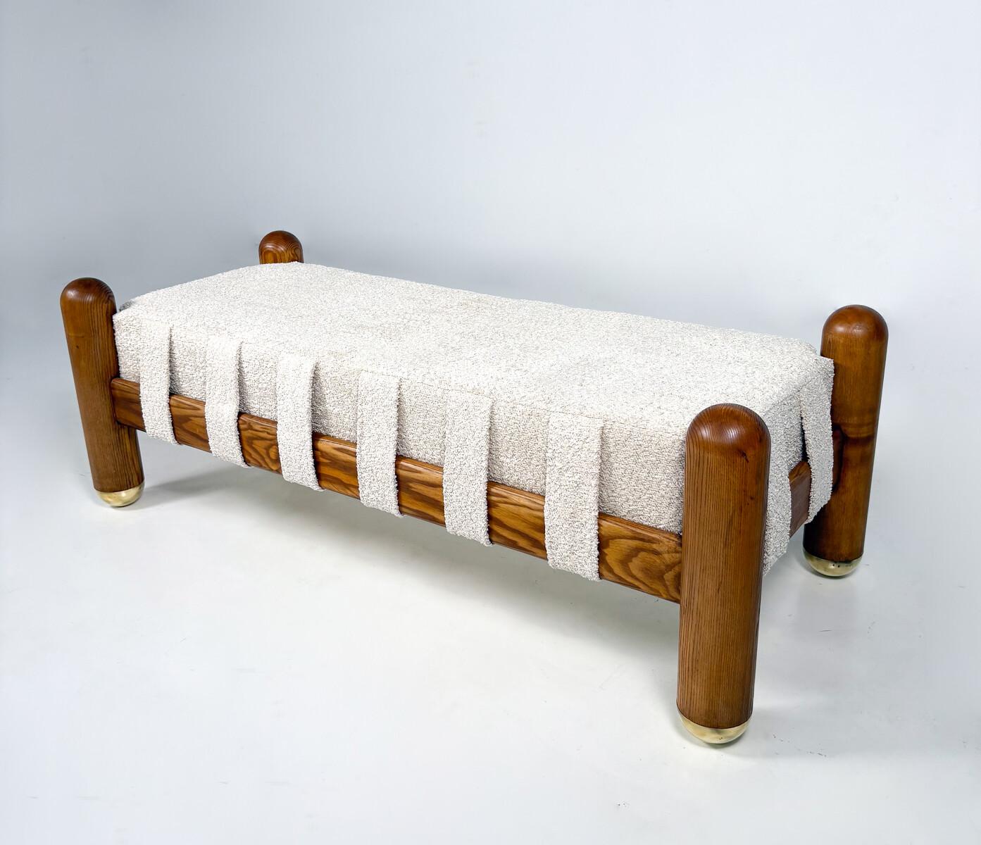 Laiton Banc contemporain, laiton et Wood Wood et tissu beige, Italie en vente