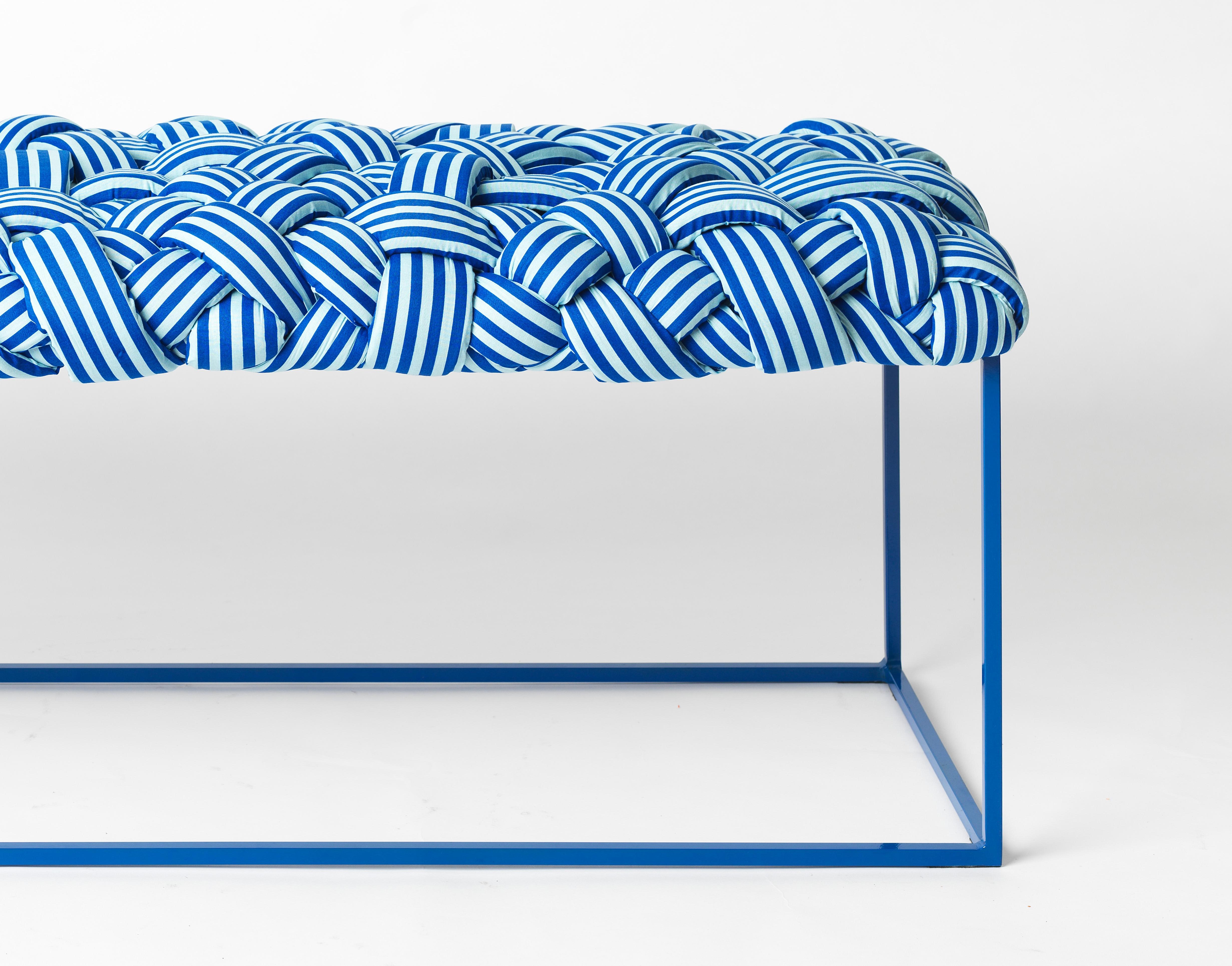 This contemporary bench is part of the Cloud collection, which was created around the concept of trees. The pieces are made with cotton fabric and foam stripes, woven and stitched by hand. Each piece is unique, as the result of the manual process of