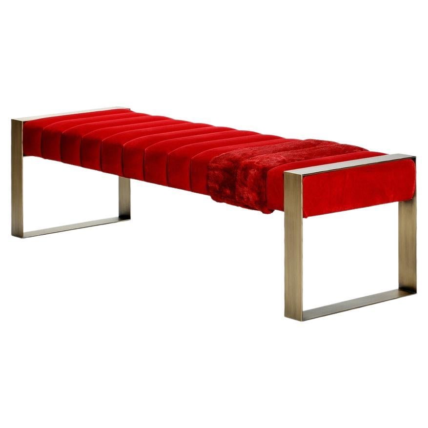 Contemporary Bench, Rich Red Velvet/ Bronze Base For Sale