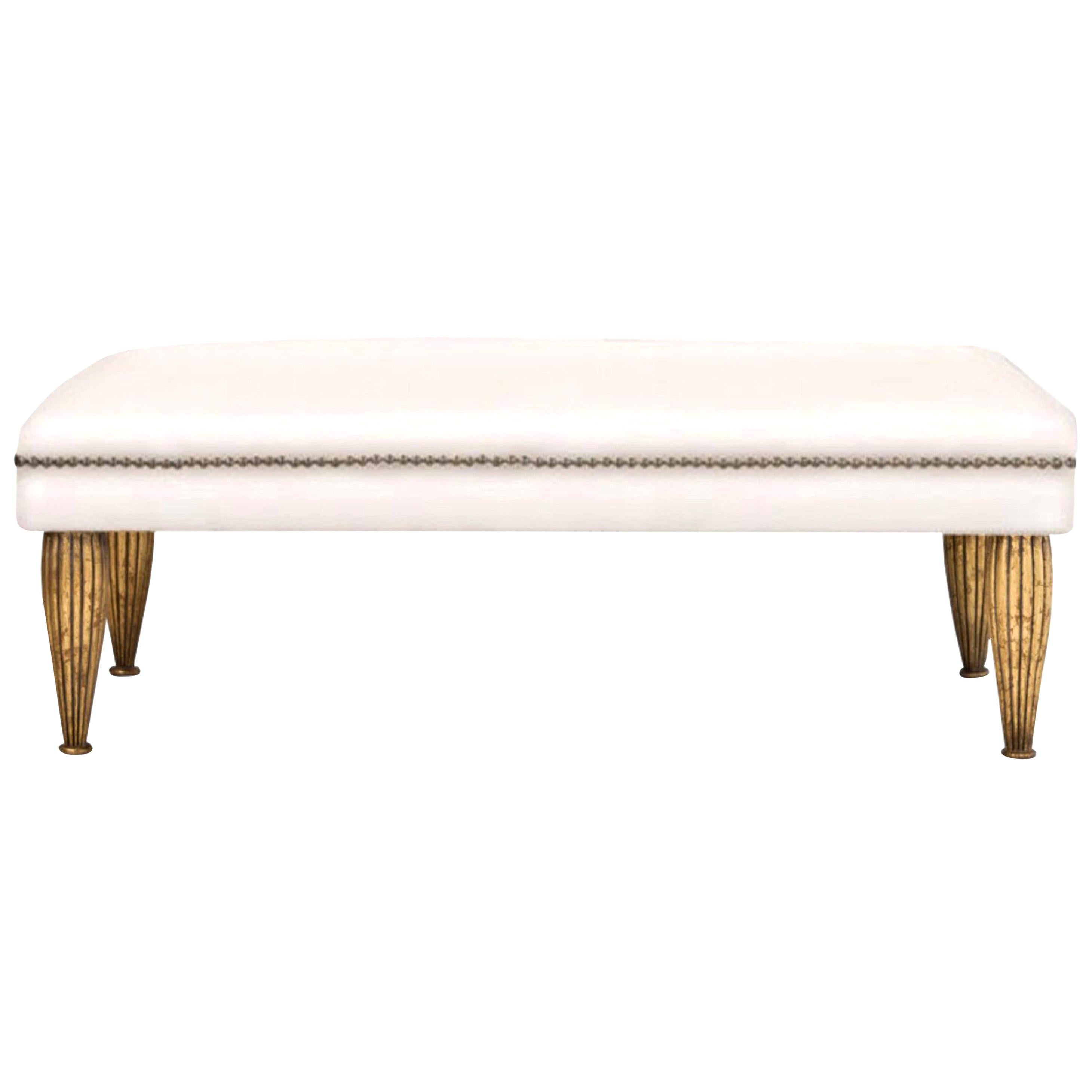 Contemporary Bench with Gilded Legs, Belgian Linen For Sale