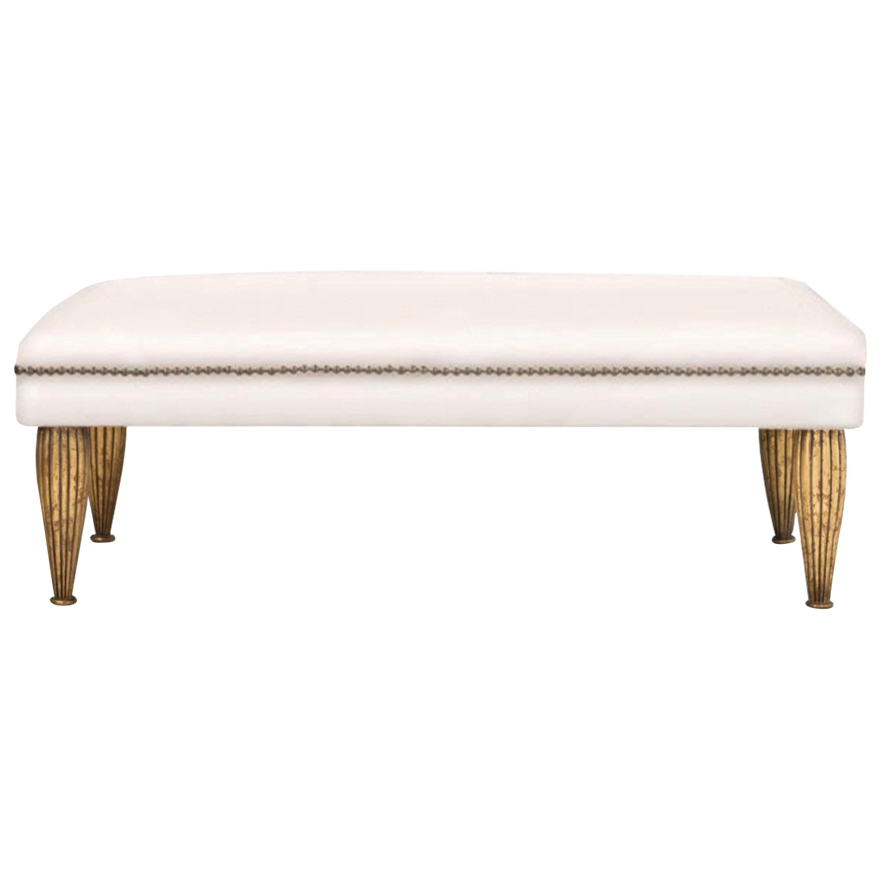 Contemporary Bench with Gilded Legs, White Cowhide