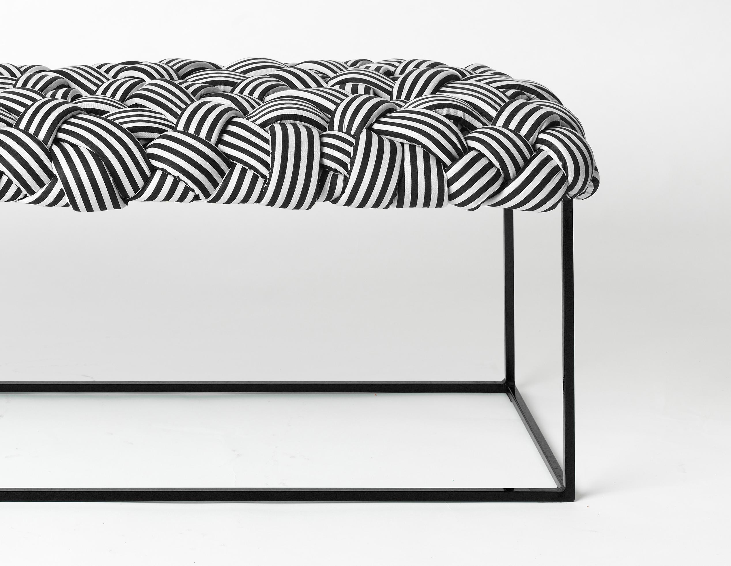 The Cloud collection was created around the concept of tress. These contemporary styled benches and stools are made with cotton fabric and foam stripes, woven and stitched by hand. Each piece is unique, as the result of the manual process of