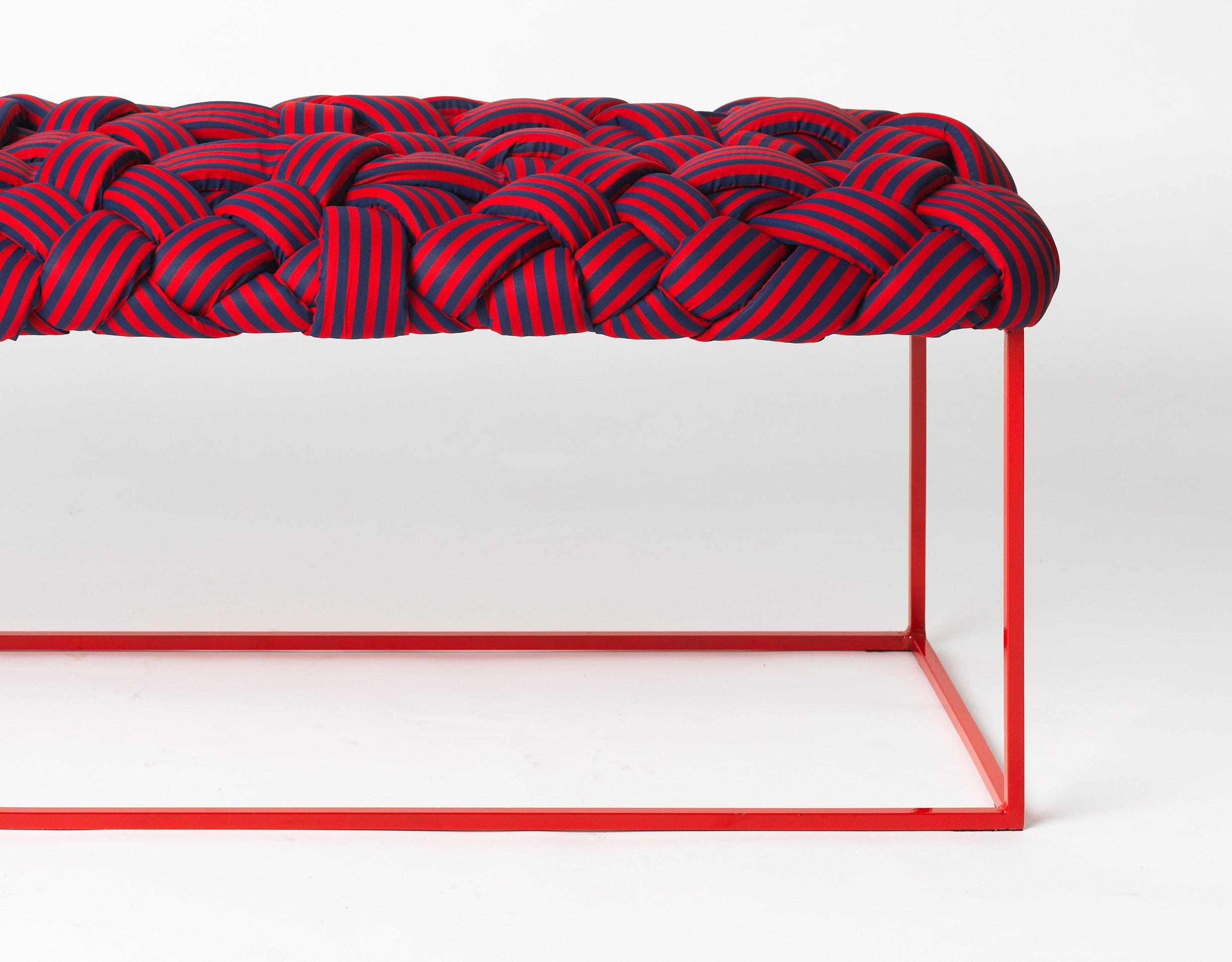 Hand-Woven Contemporary Bench with Handwoven B&W Upholstery For Sale