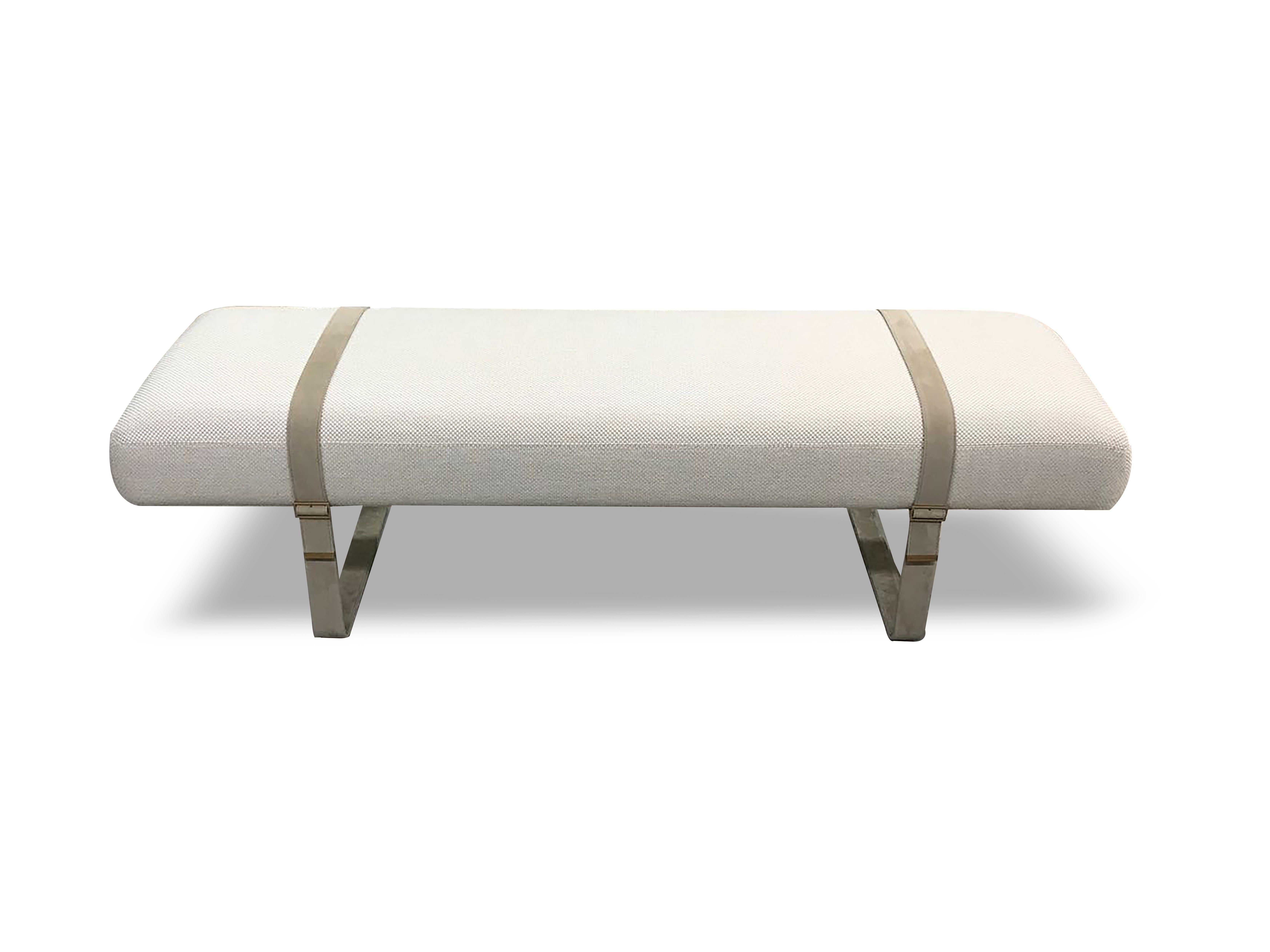 Inspired by the sensual fashion of Italy this modern leather bench lets you indulge in haute furniture design. The softly upholstered seat rests on two leather belts that wrap around the entire bench as the fashion-inspired design detail. 

As