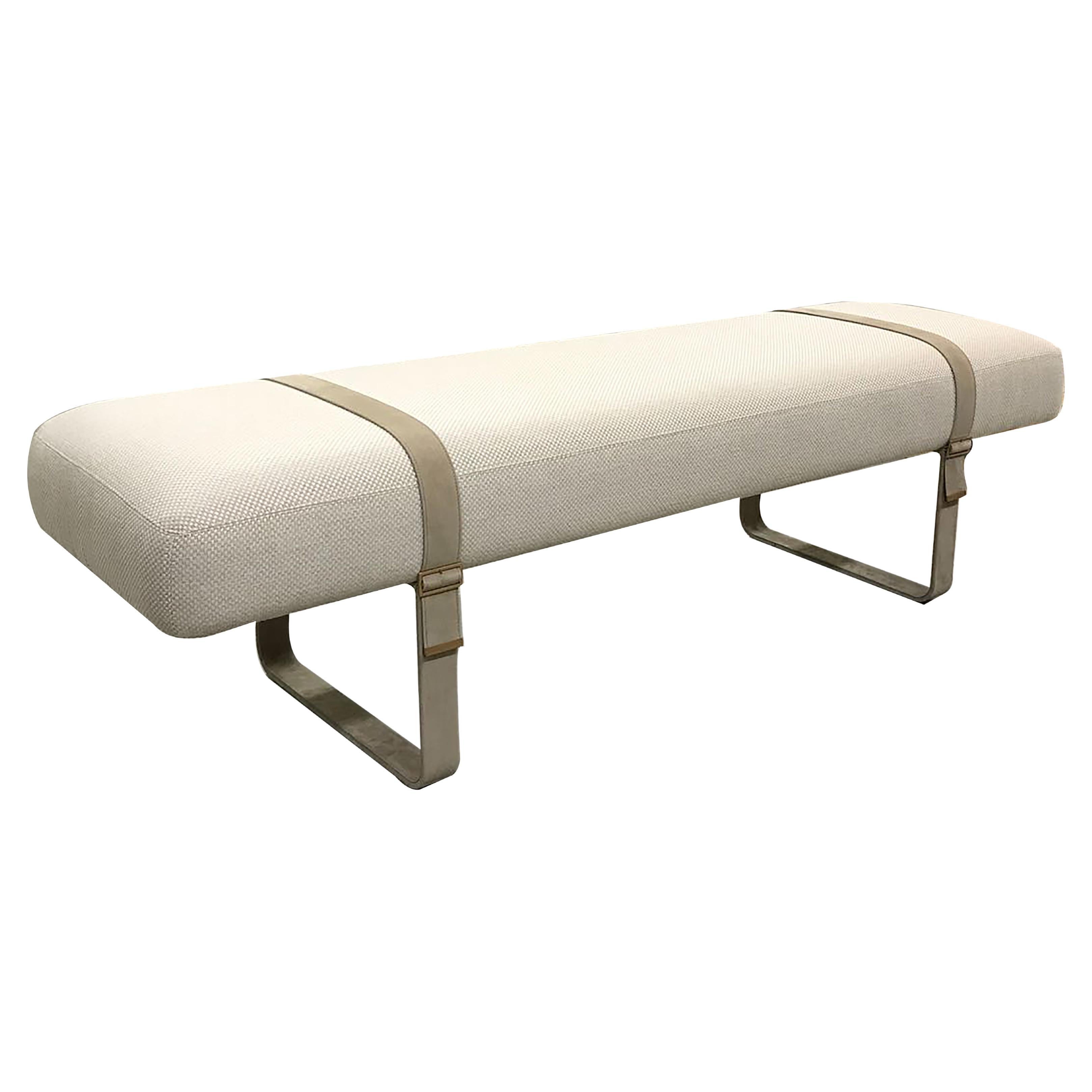 Contemporary Bench With Leather Belts Cream and Nude For Sale