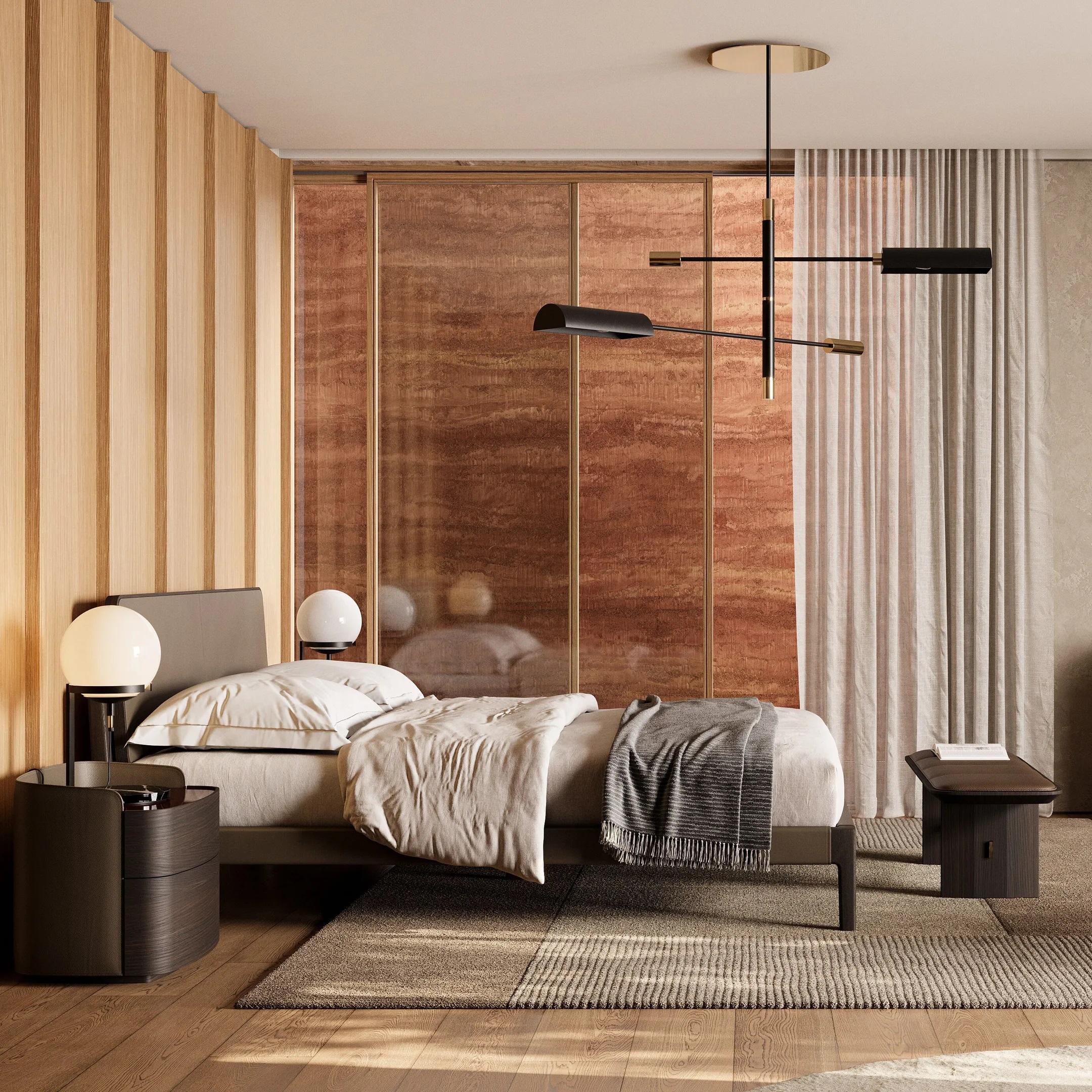 Banco contemporáneo con estructura de madera maciza y asiento de cuero Tela en venta