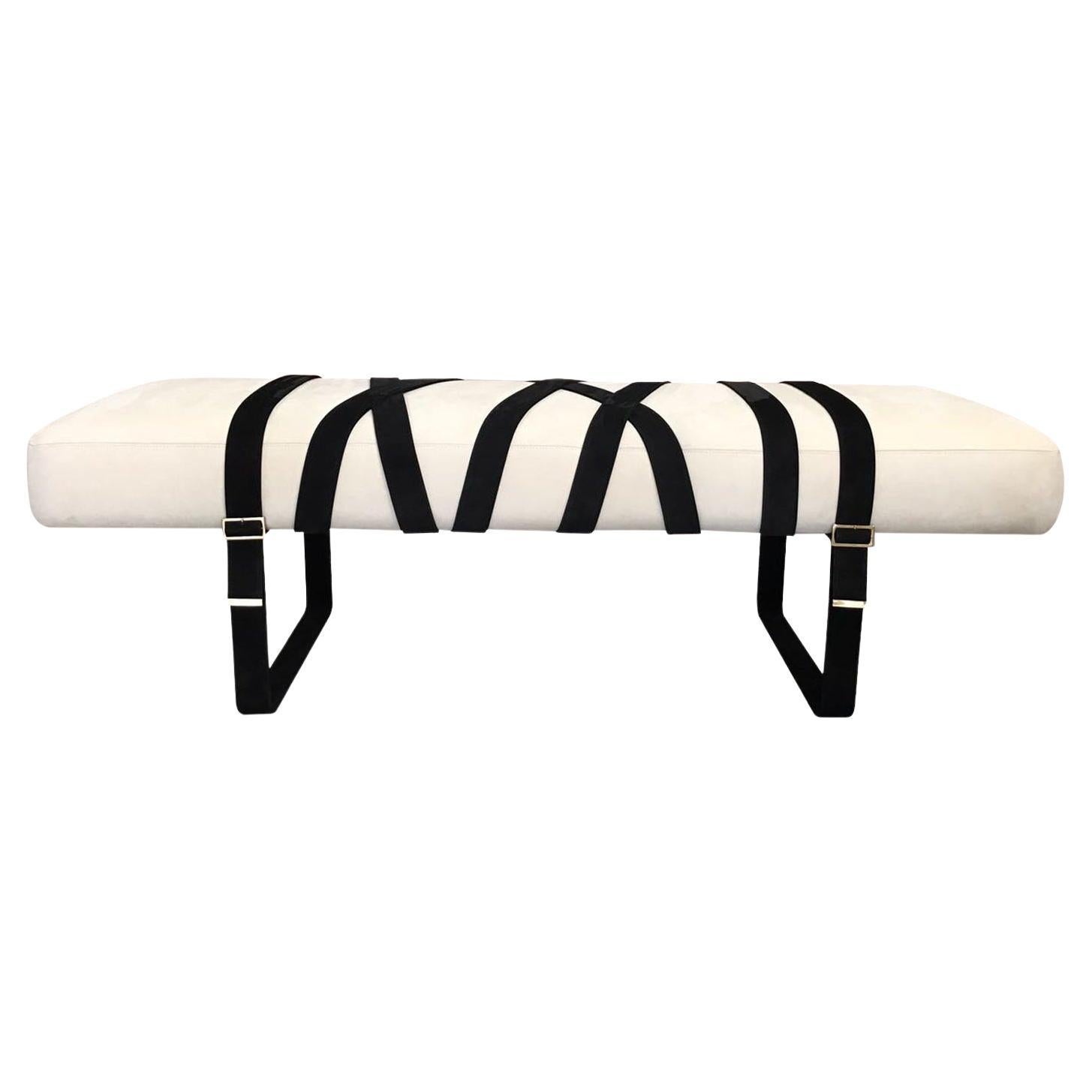 Contemporary Bench Wrapped in Leather Belts Black and White For Sale