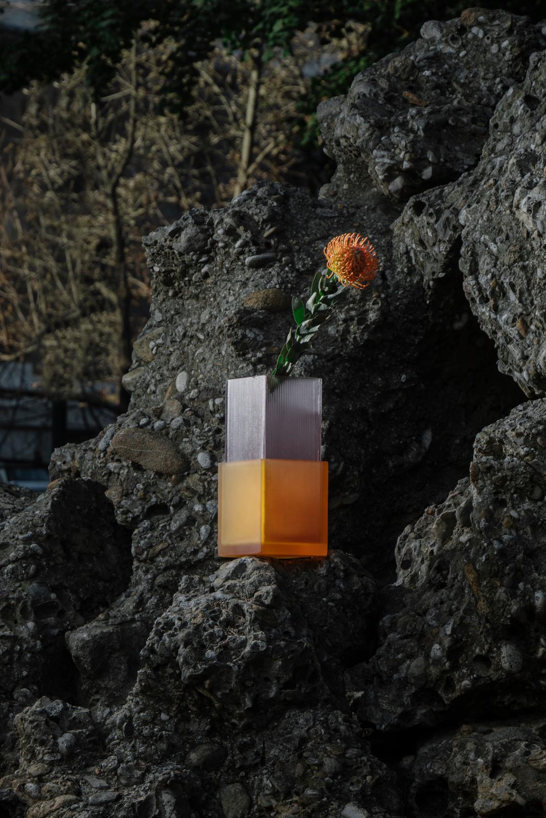 Contemporary Berab Vase in Orange Resin and Lilac Glass 2