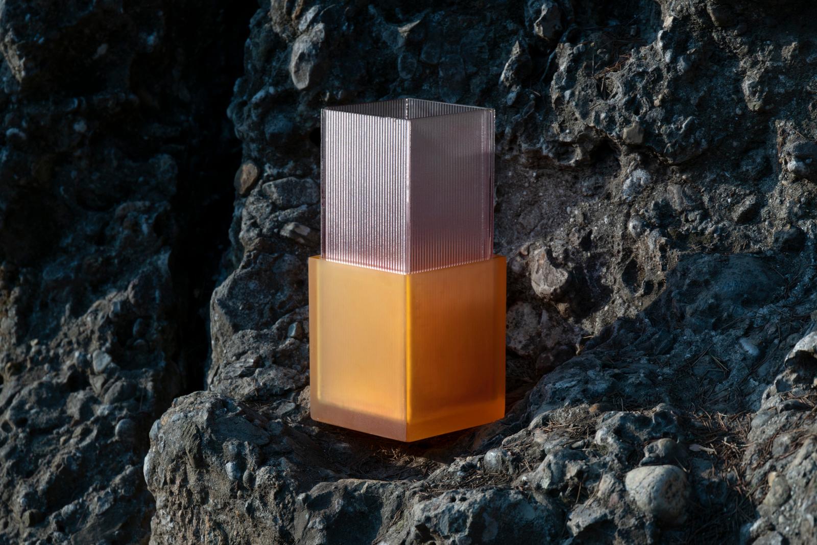 Contemporary Berab Vase in Orange Resin and Lilac Glass 3