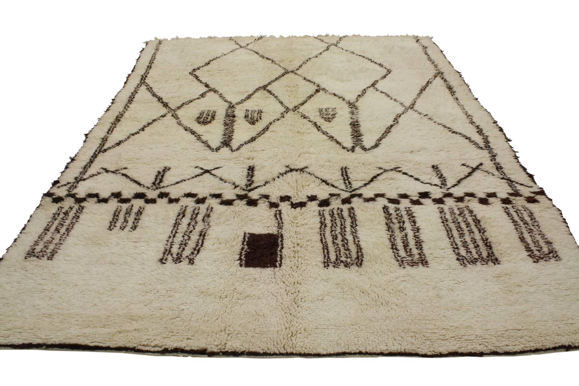 20355 Contemporary Berber Moroccan rug with modern style. With a distinctive tribal design and modern style, this contemporary Berber Moroccan rug displays geometric shapes galore, from diamonds to rods and a checkerboard pattern. More than the