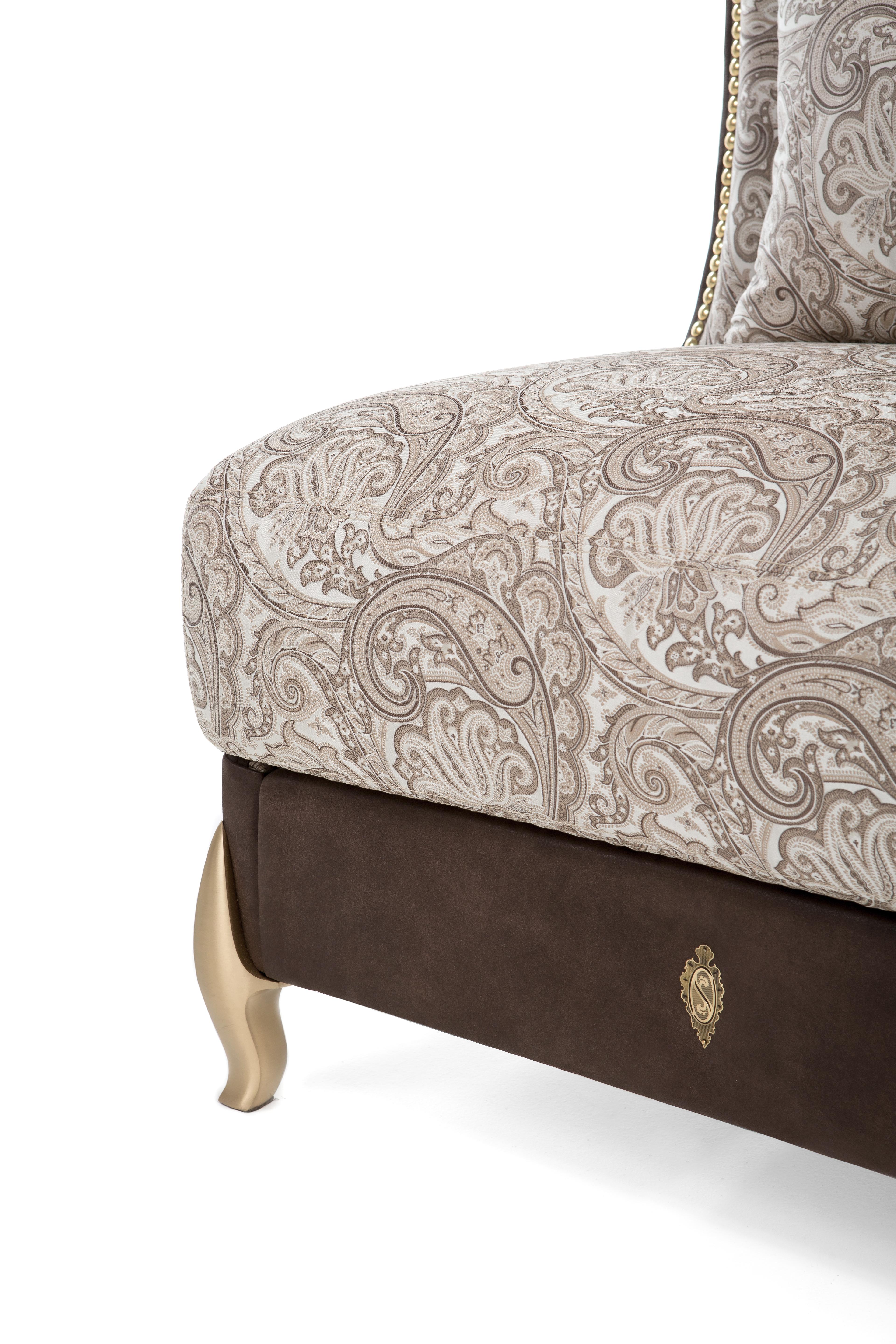 Italian Contemporary Bergere, Fully Upholstered with Brushed Brass Legs, Made in Italy For Sale