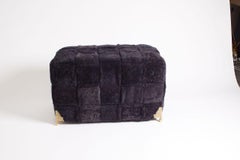 Contemporary Bespoke Black Shearling Ottoman with Brass Legs