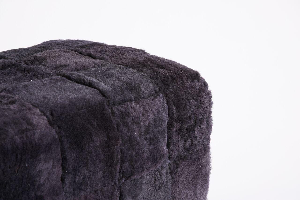 Contemporary Bespoke Black Shearling Ottoman with Brass Legs In Good Condition In Aspen, CO