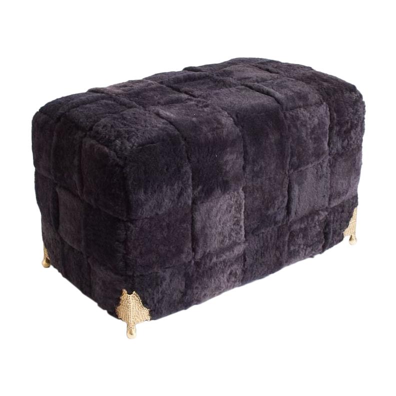 Contemporary Bespoke Black Shearling Ottoman with Brass Legs