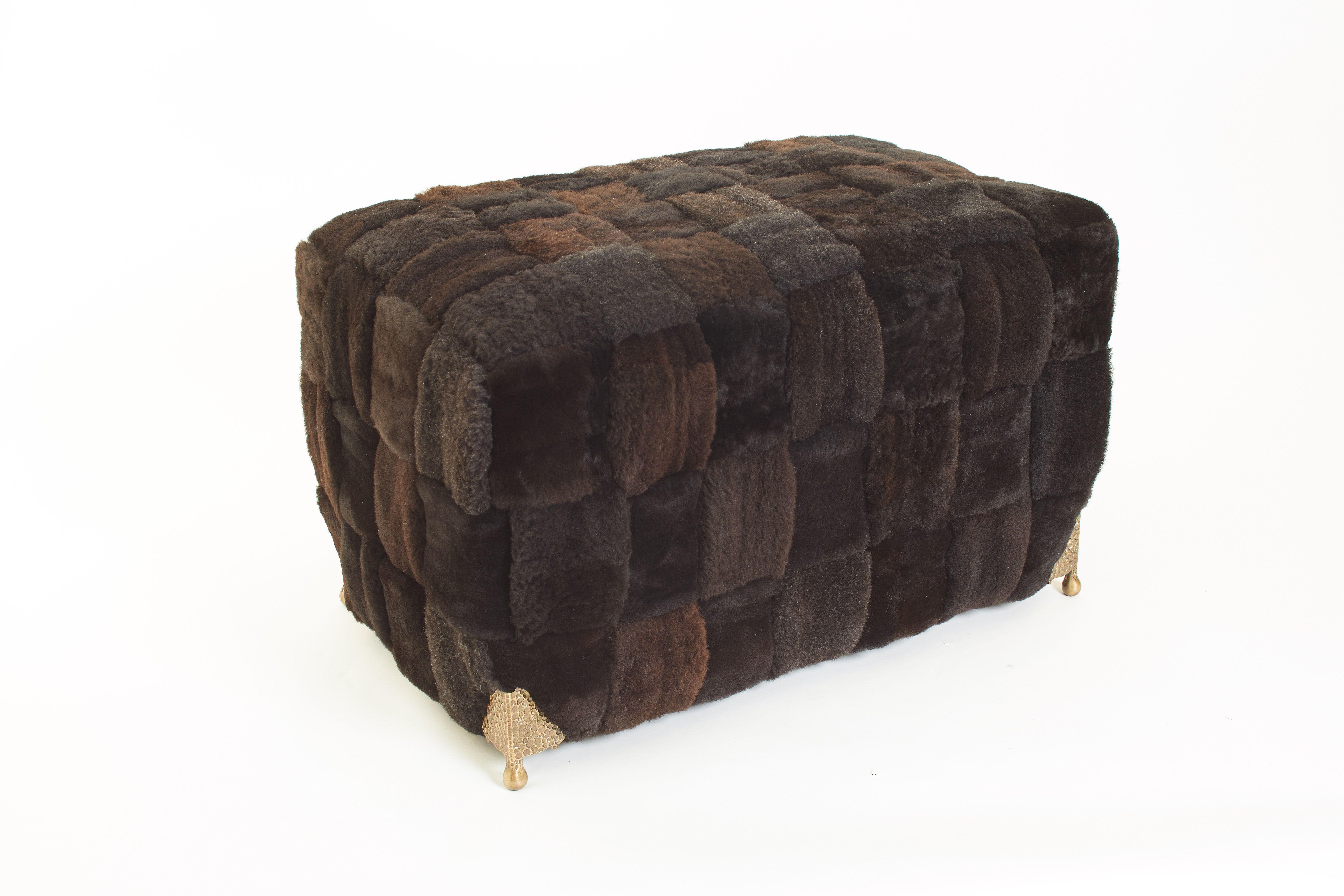Contemporary Bespoke Brown Shearling Ottoman with Brass Legs In New Condition In Aspen, CO