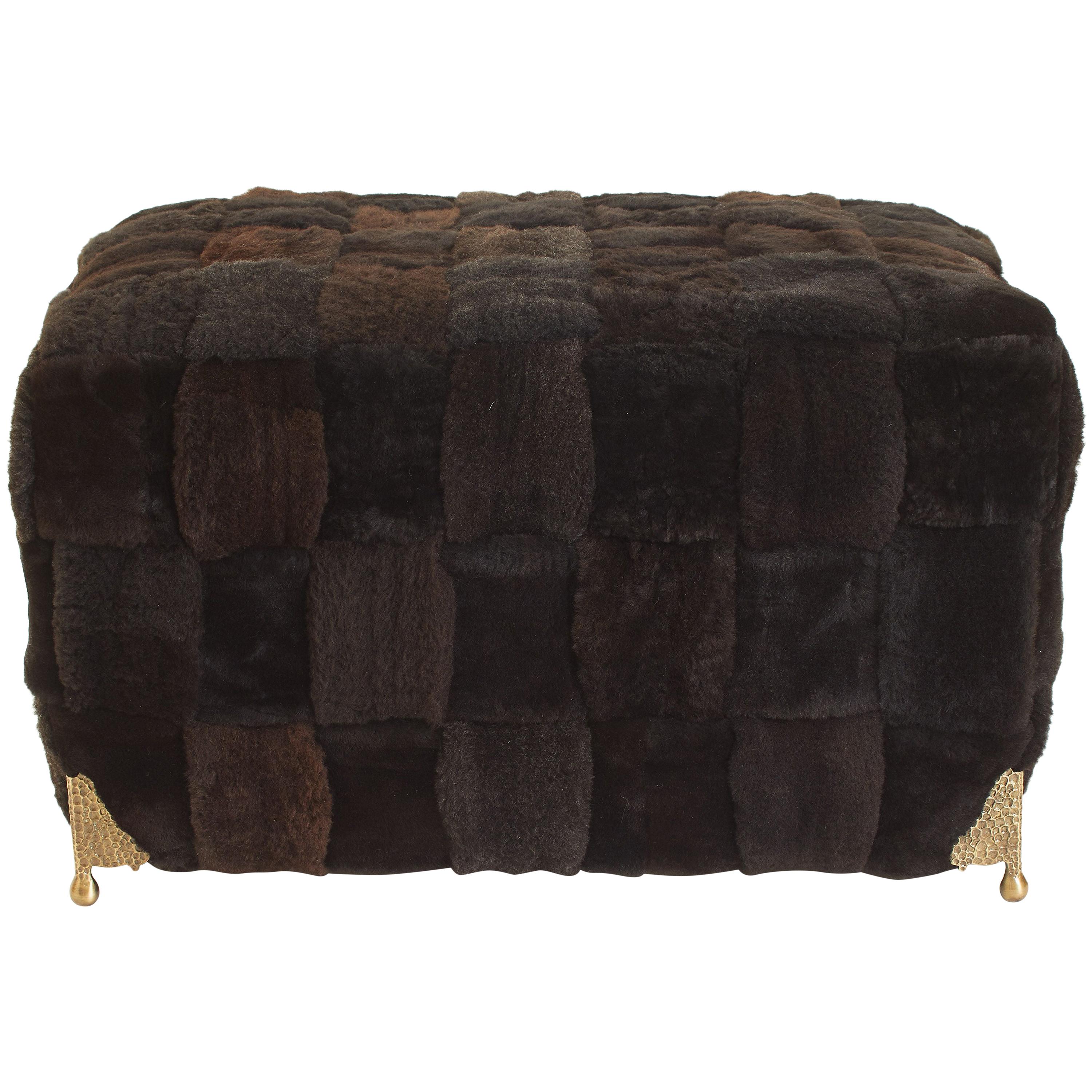 Contemporary Bespoke Brown Shearling Ottoman with Brass Legs