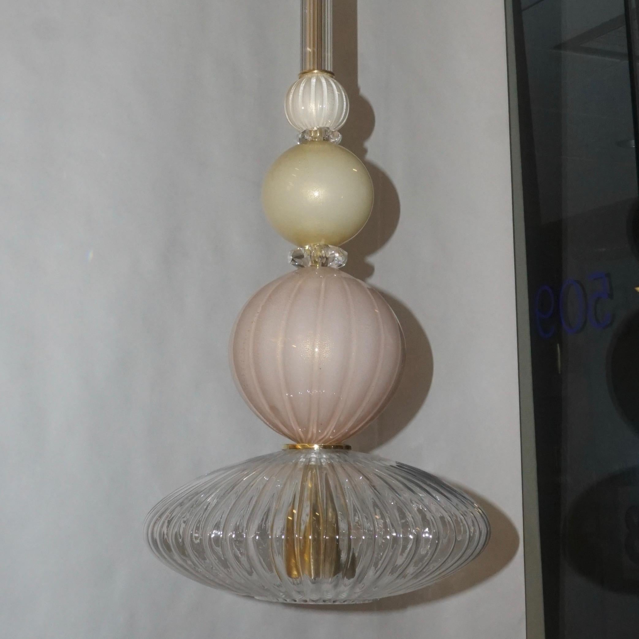 Contemporary Bespoke Italian Crystal Pink Gold Cream Murano Glass Pendant Light 5