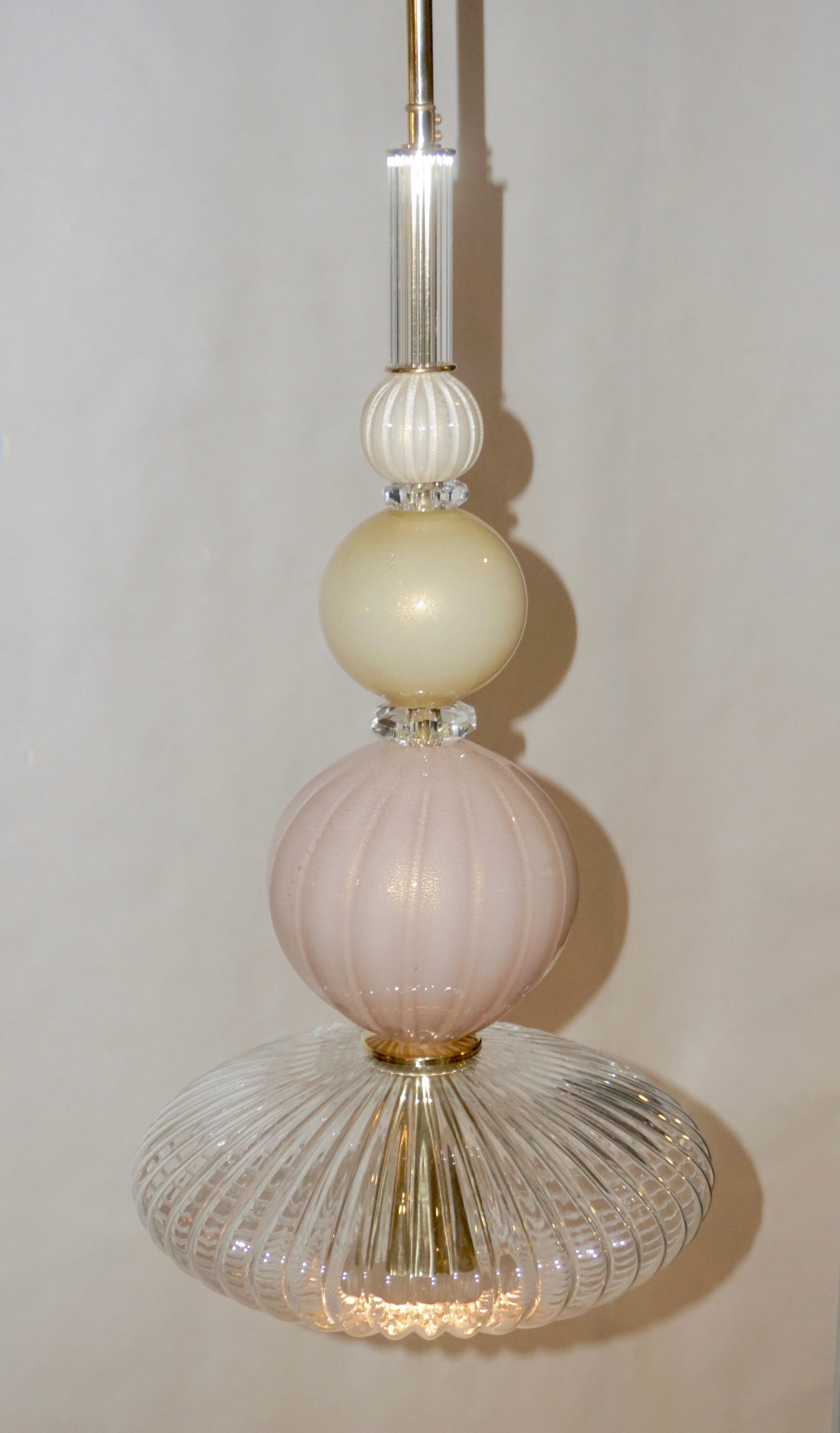 Contemporary Bespoke Italian Crystal Pink Gold Cream Murano Glass Pendant Light 8