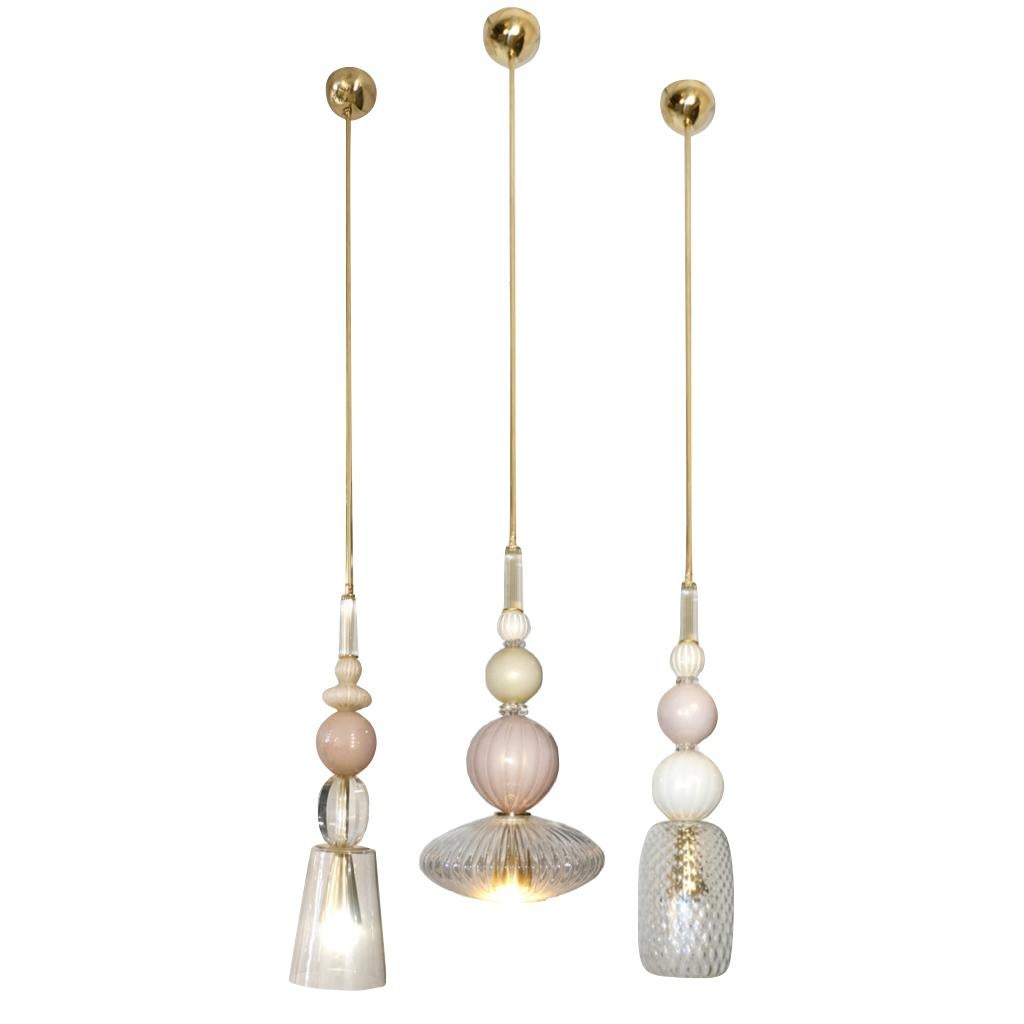 Contemporary Bespoke Italian Crystal Pink Gold Cream Murano Glass Pendant Light 1