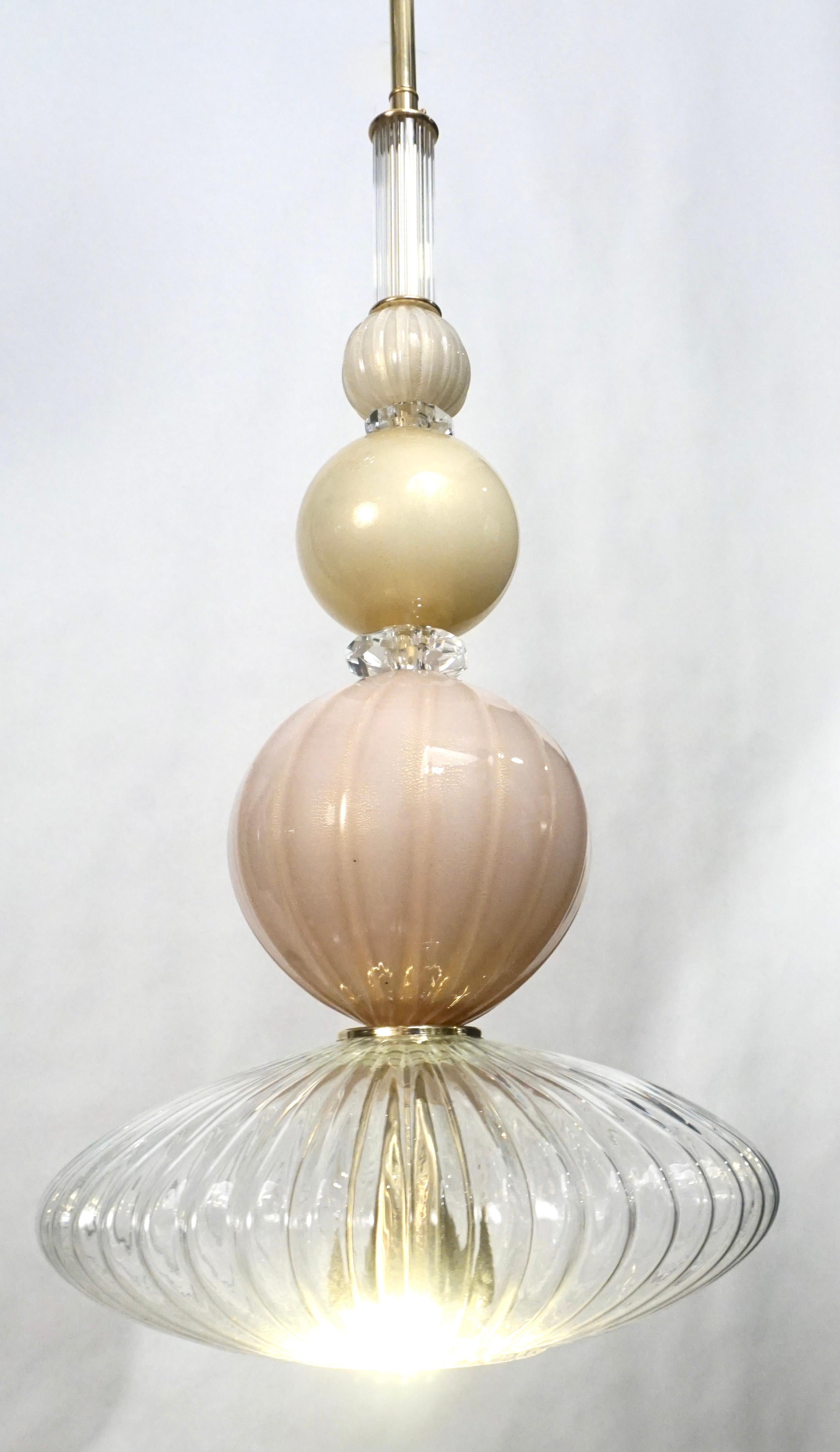 Contemporary Bespoke Italian Crystal Pink Gold Cream Murano Glass Pendant Light 2