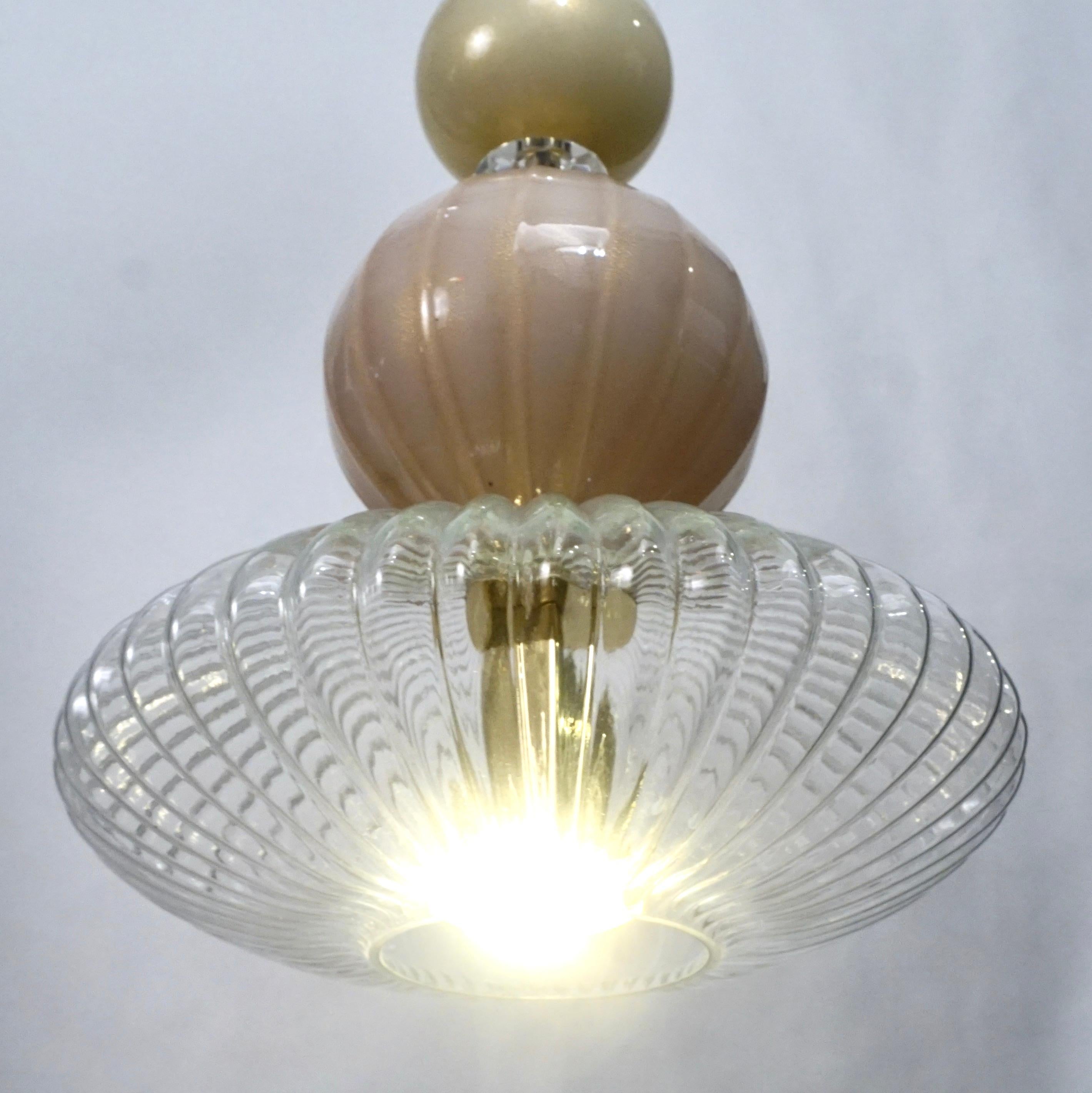 Contemporary Bespoke Italian Crystal Pink Gold Cream Murano Glass Pendant Light 4