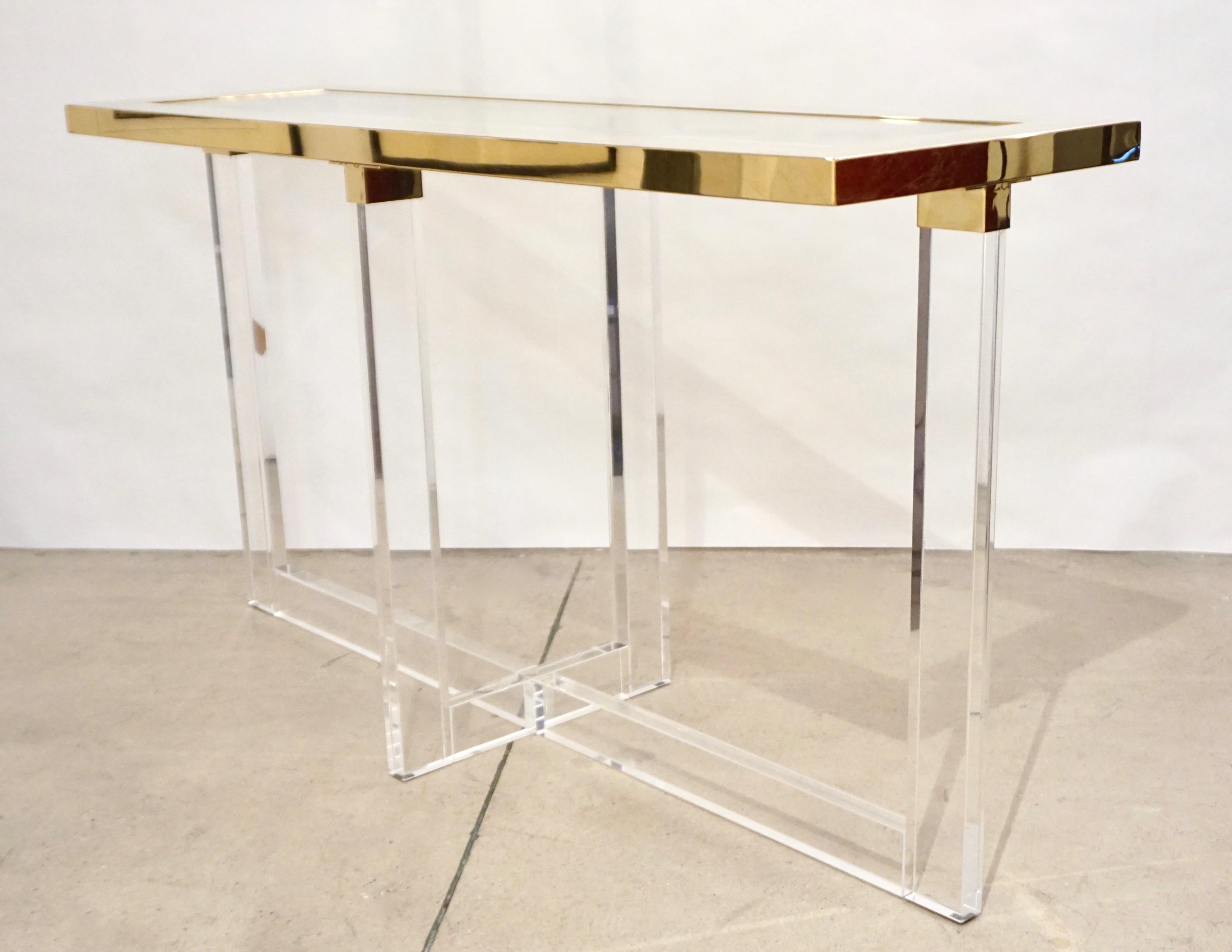 American Contemporary Bespoke Modern Geometric Design Clear Lucite and Gold Steel Console
