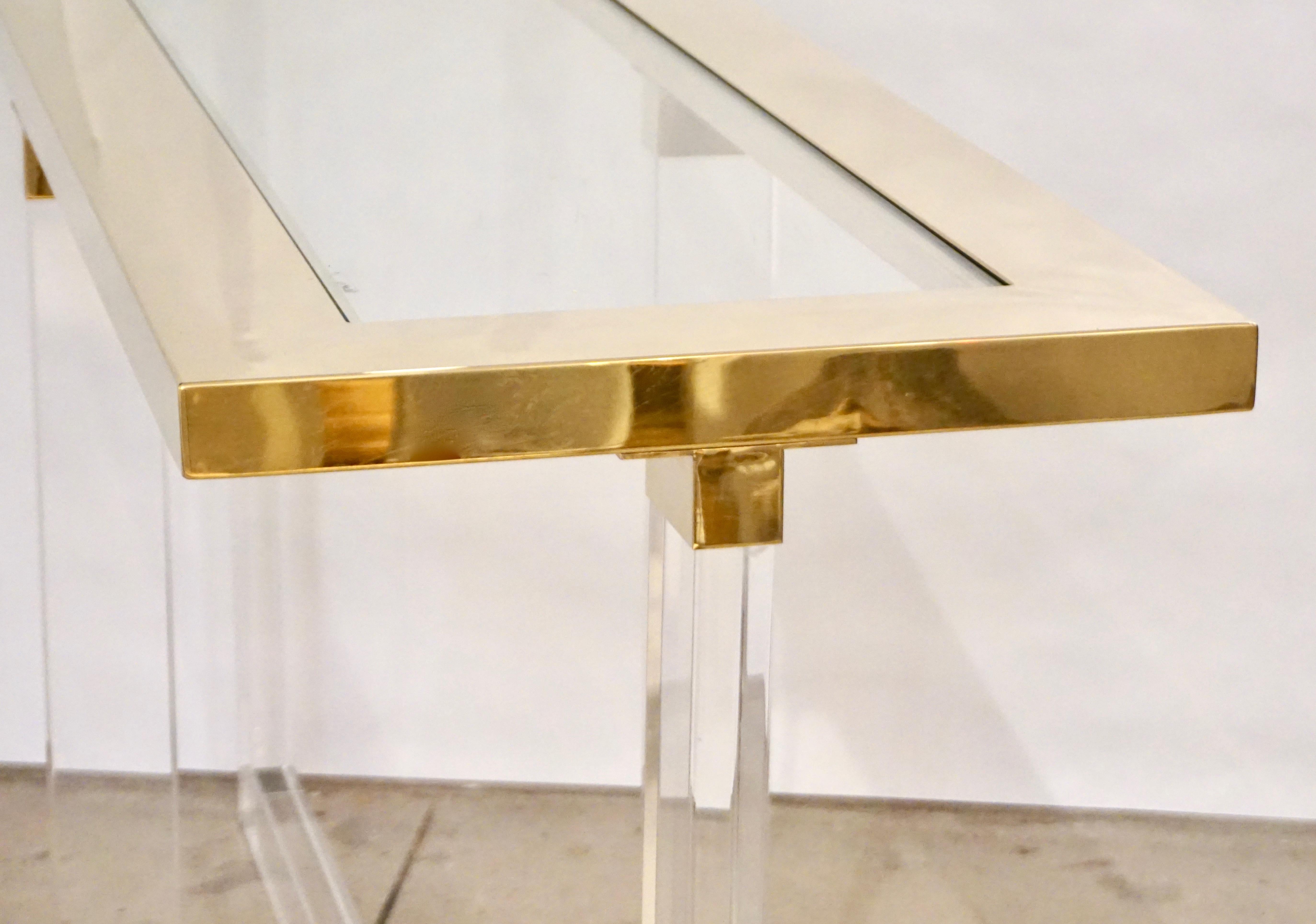 Contemporary Bespoke Modern Geometric Design Clear Lucite and Gold Steel Console In New Condition In New York, NY